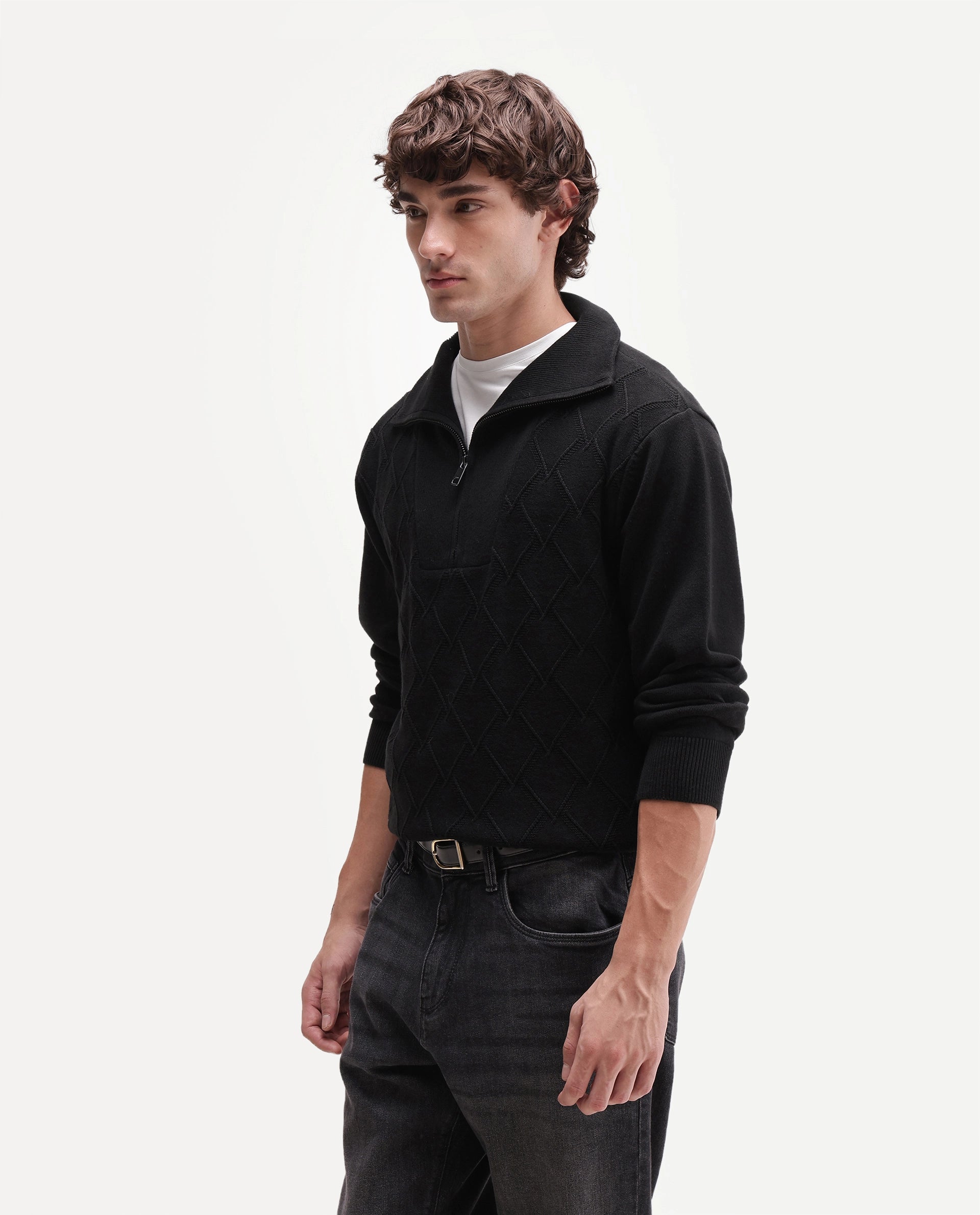 Rare Rabbit Men's Mivor Black Cotton Zipper Regular Fit High Neck Jacquard Sweater