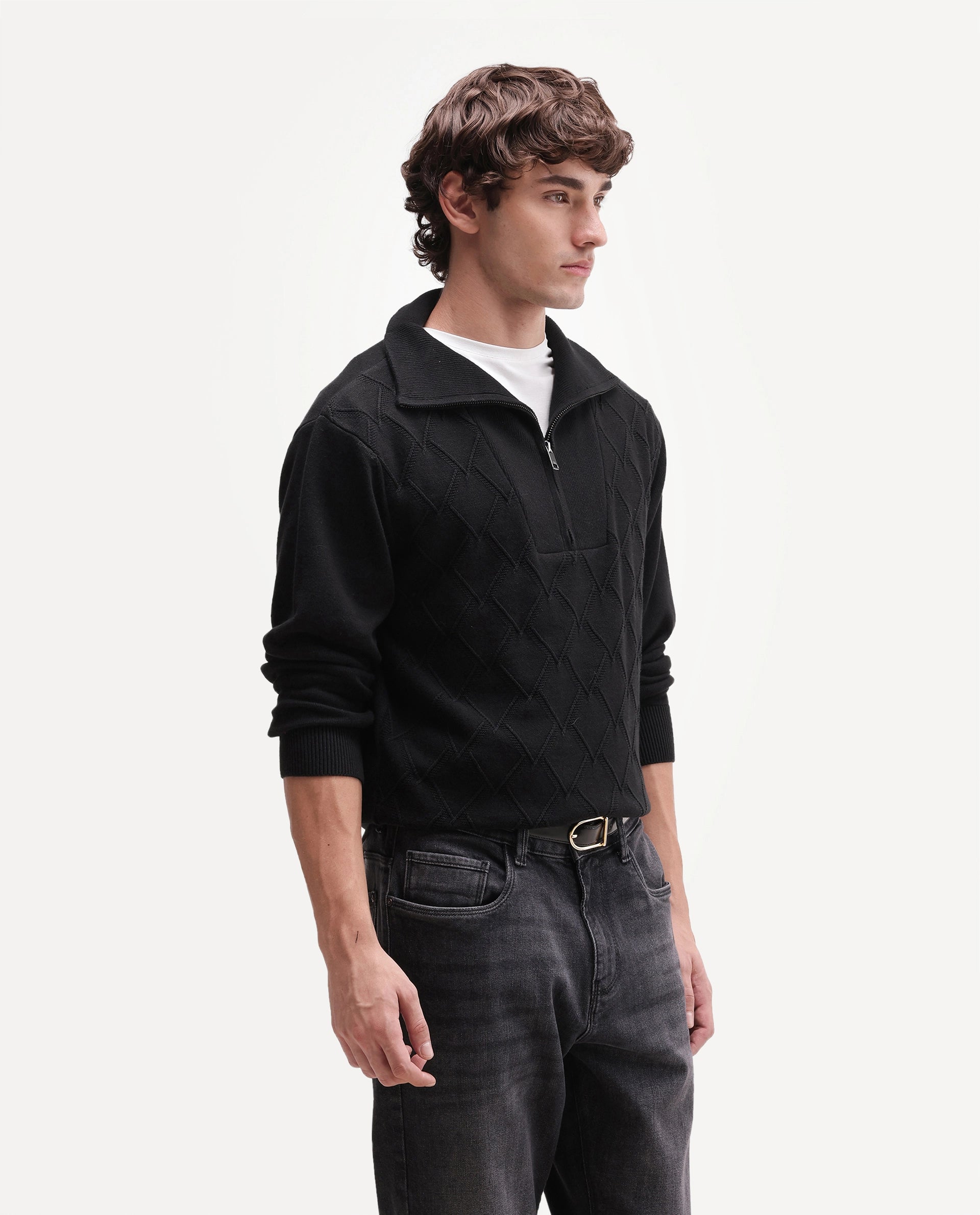 Rare Rabbit Men's Mivor Black Cotton Zipper Regular Fit High Neck Jacquard Sweater