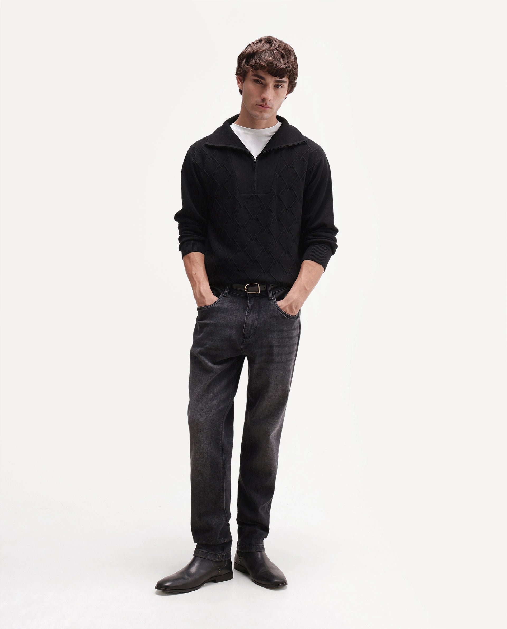 Rare Rabbit Men's Mivor Black Cotton Zipper Regular Fit High Neck Jacquard Sweater