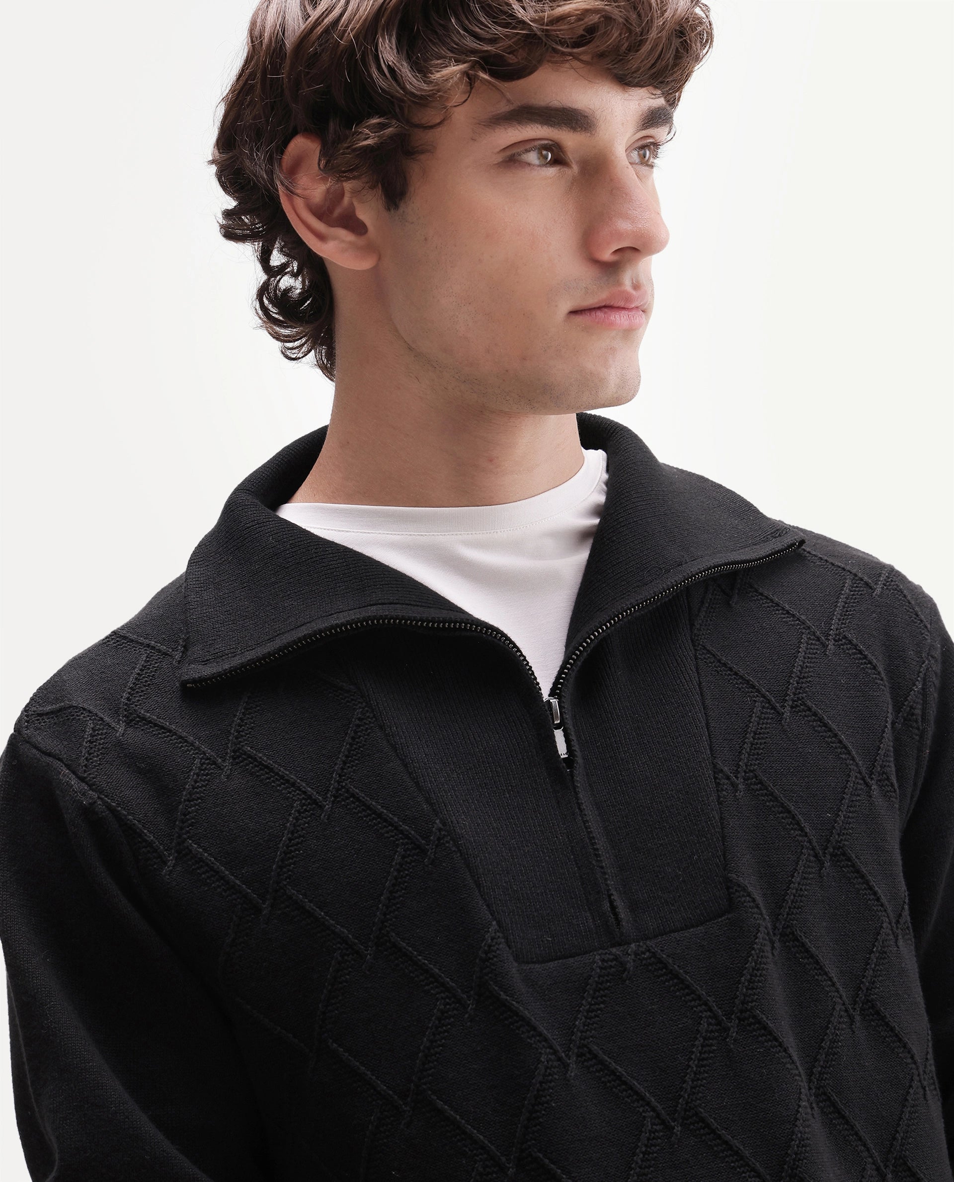 Rare Rabbit Men's Mivor Black Cotton Zipper Regular Fit High Neck Jacquard Sweater