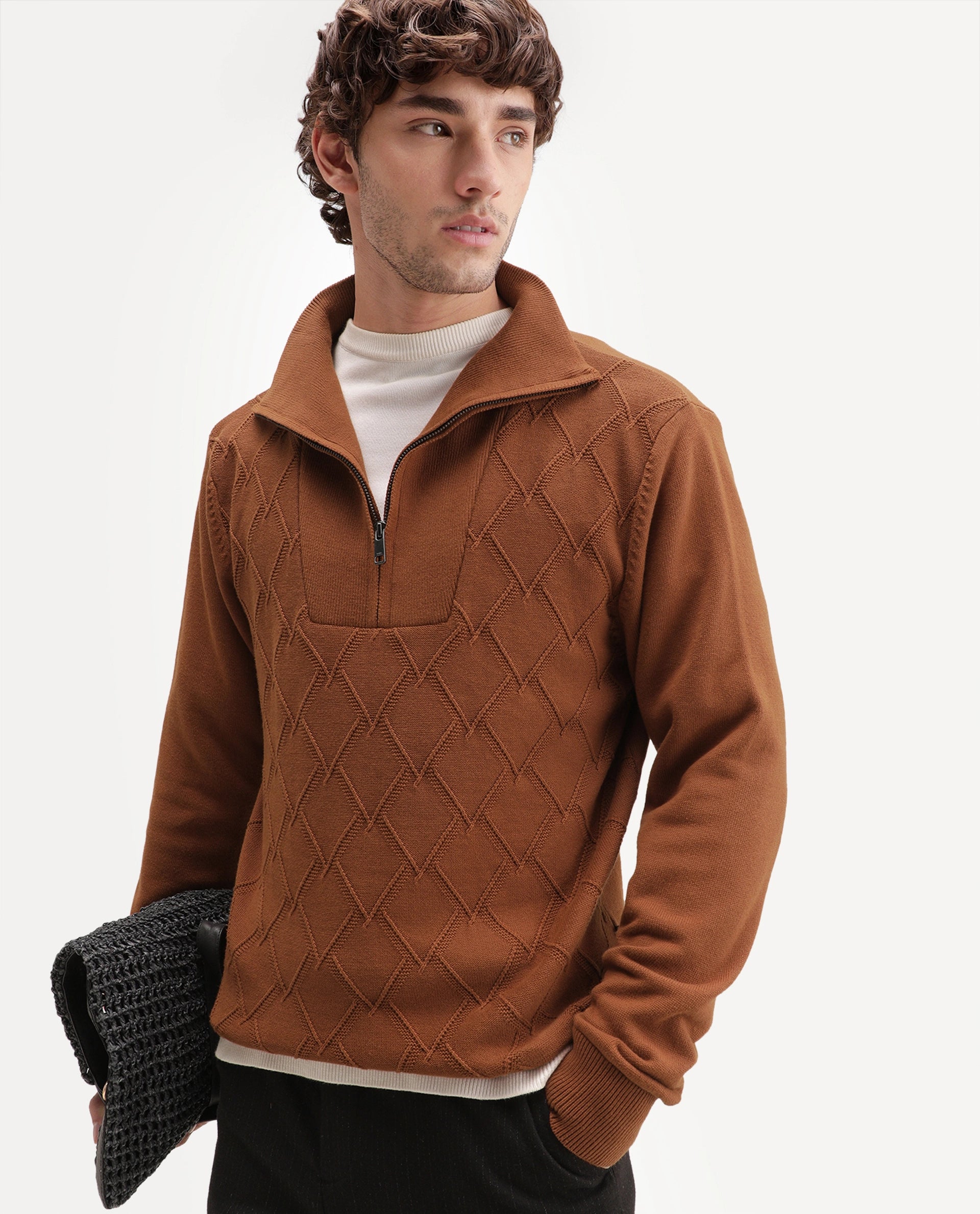 Rare Rabbit Men's Mivor Rust Cotton Zipper Regular Fit High Neck Jacquard Sweater