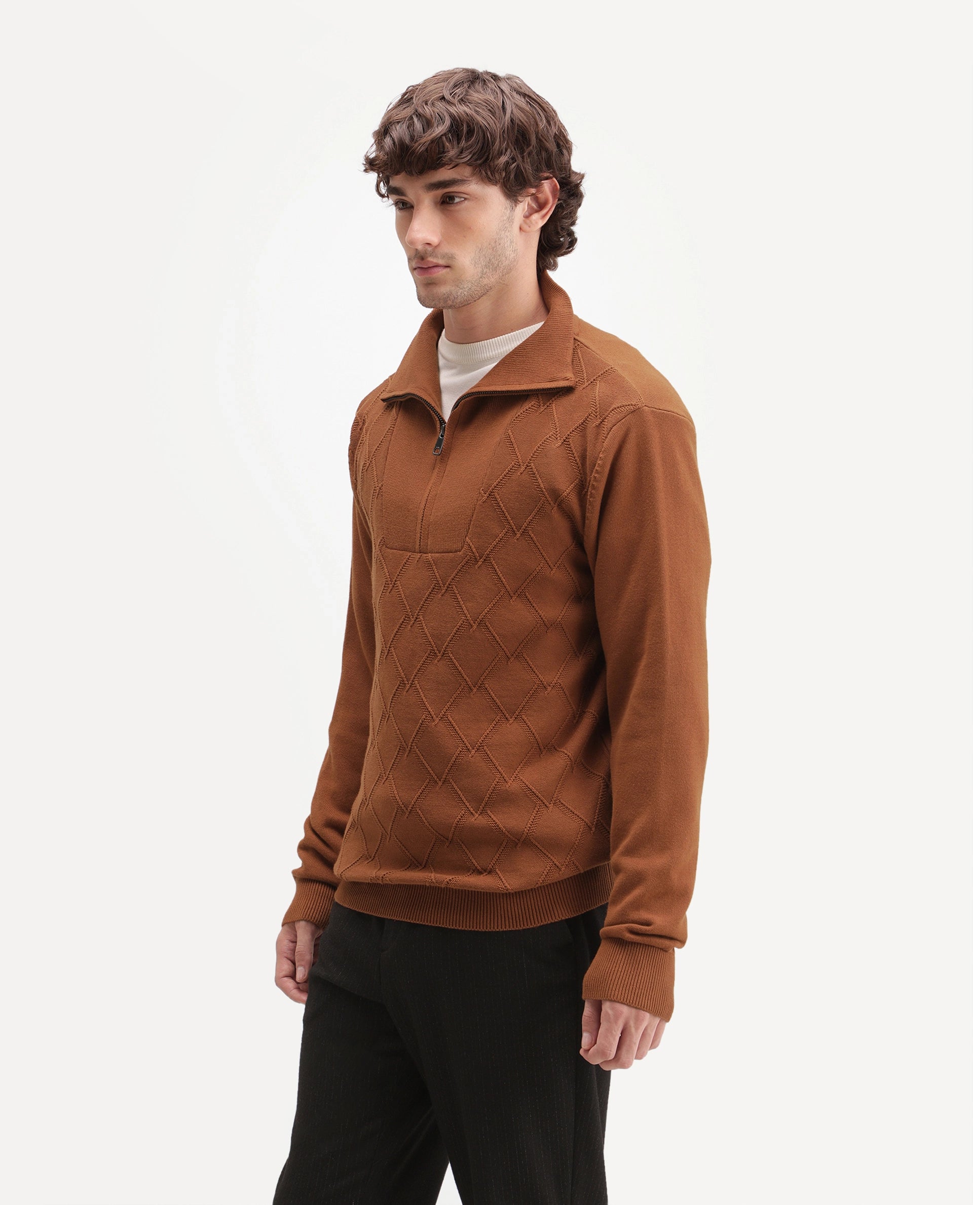 Rare Rabbit Men's Mivor Rust Cotton Zipper Regular Fit High Neck Jacquard Sweater