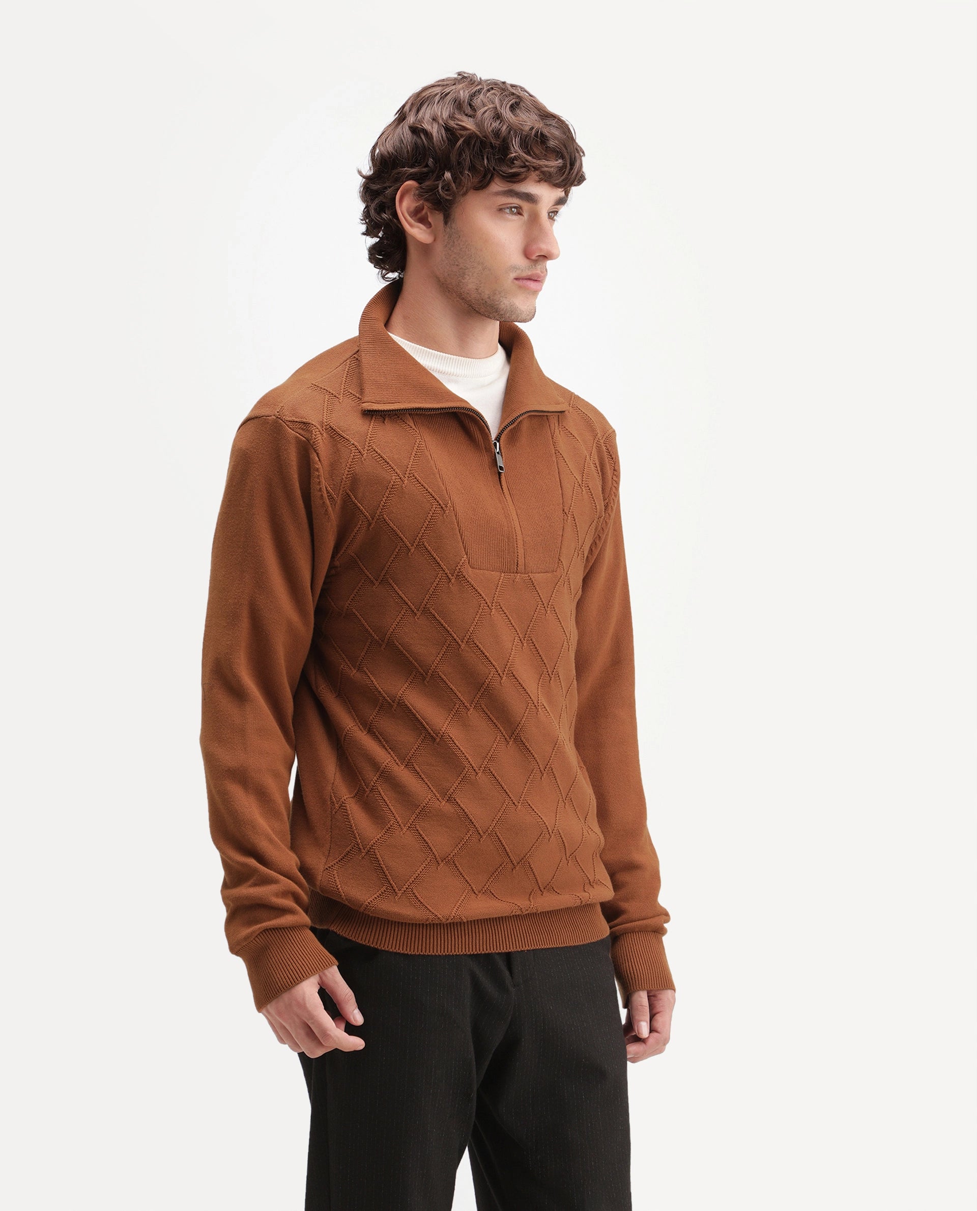 Rare Rabbit Men's Mivor Rust Cotton Zipper Regular Fit High Neck Jacquard Sweater