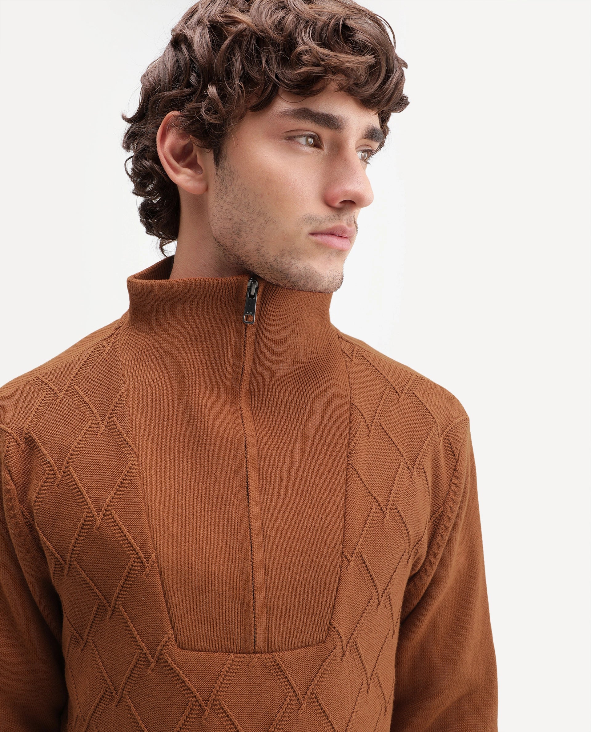 Rare Rabbit Men's Mivor Rust Cotton Zipper Regular Fit High Neck Jacquard Sweater