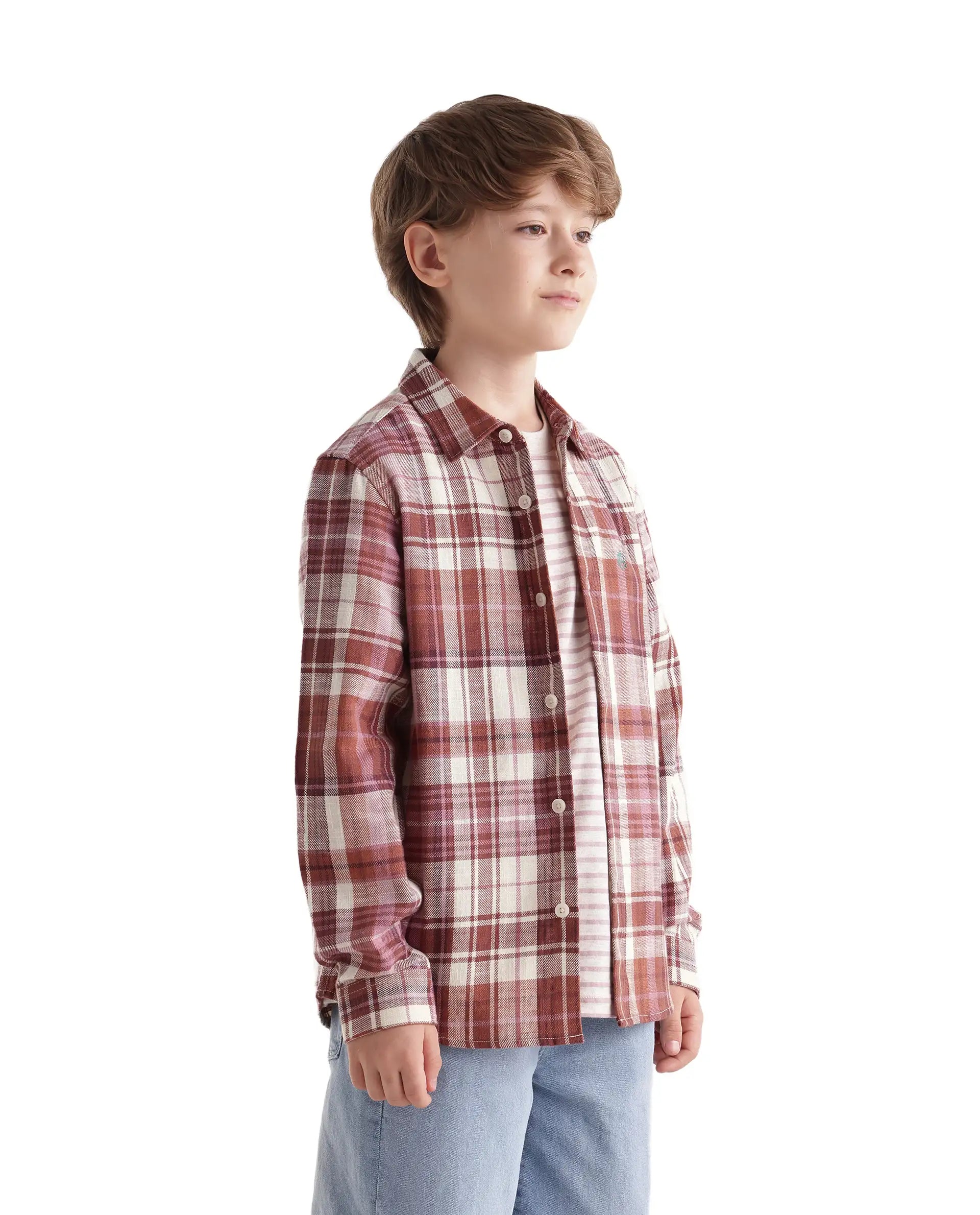 Rare Ones Kids Grigg Dusky Rust Cotton Fabric Button Closure Regular Fit Embroidered Shirt