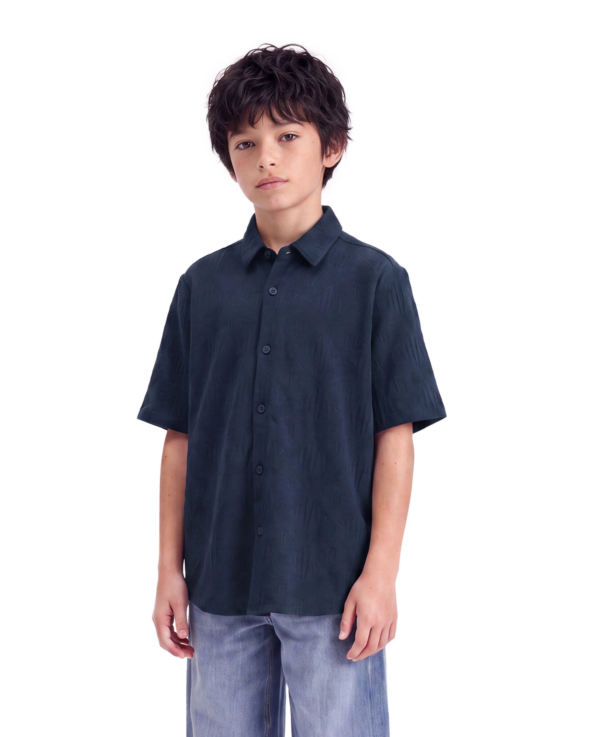 Rare Ones Kids Cubs-K Navy Cotton Fabric Button Closure Regular Fit Jacquard Shirt