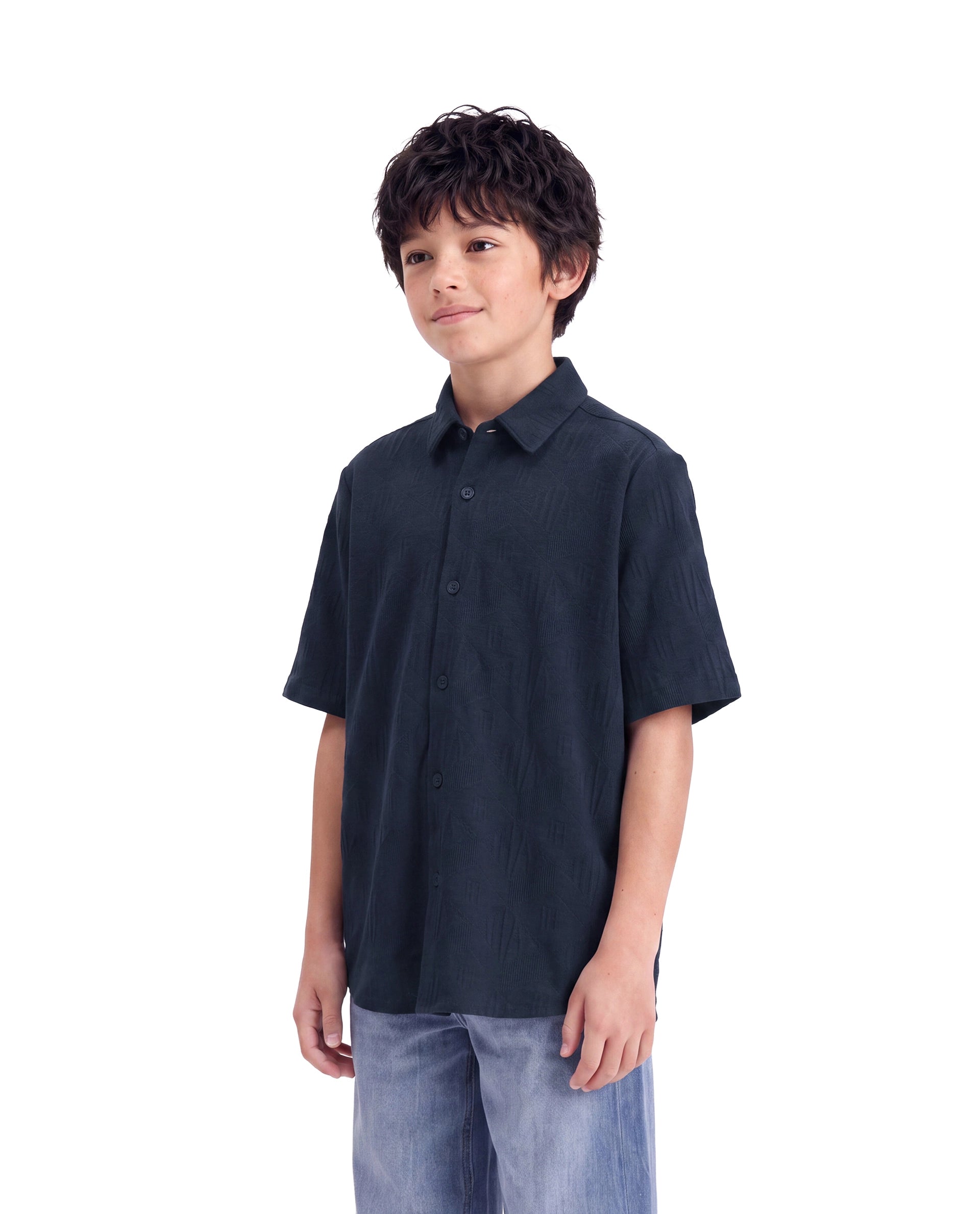 Rare Ones Kids Cubs-K Navy Cotton Fabric Button Closure Regular Fit Jacquard Shirt