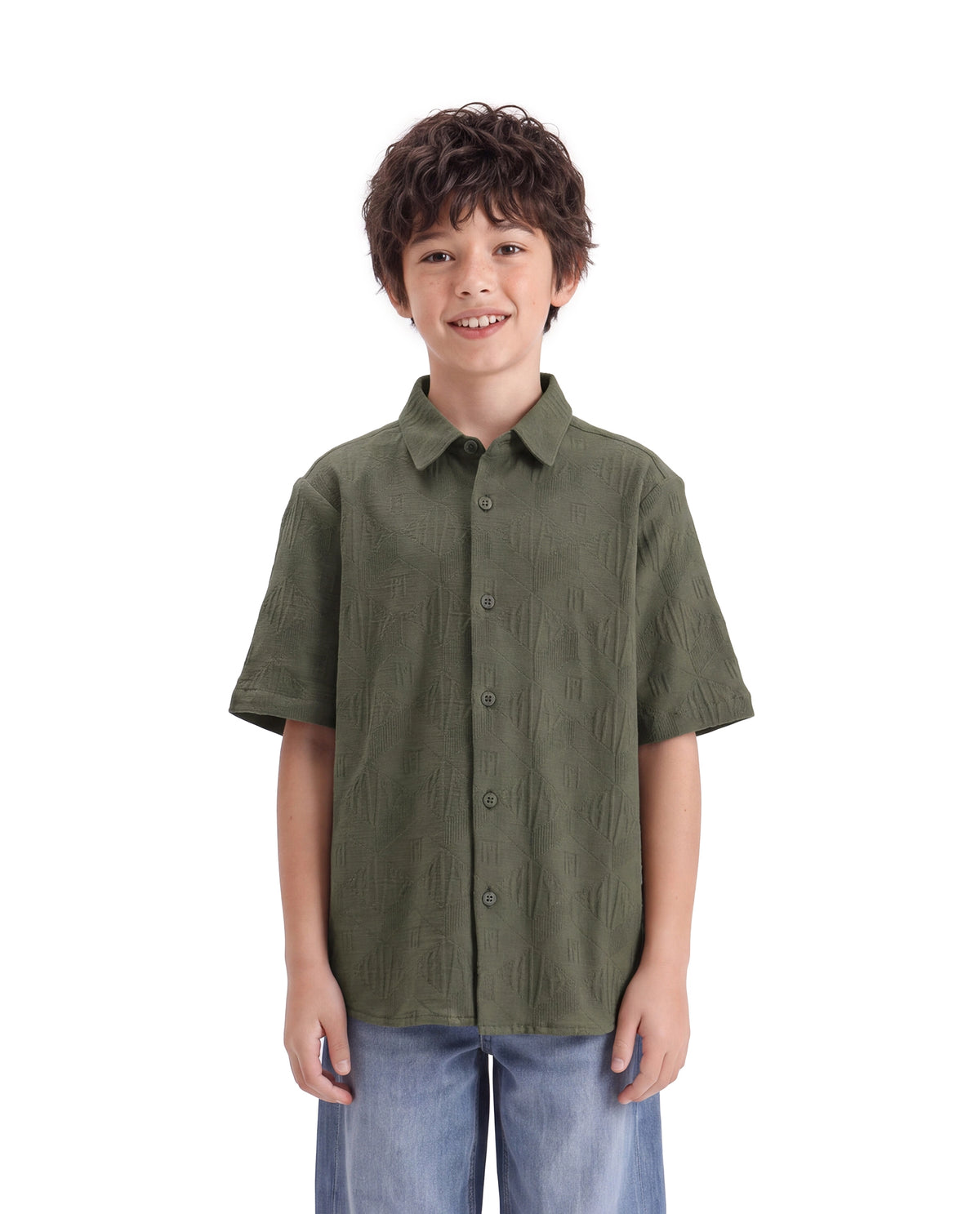 Rare Ones Kids Cubs-K Olive Cotton Fabric Button Closure Regular Fit Jacquard Shirt