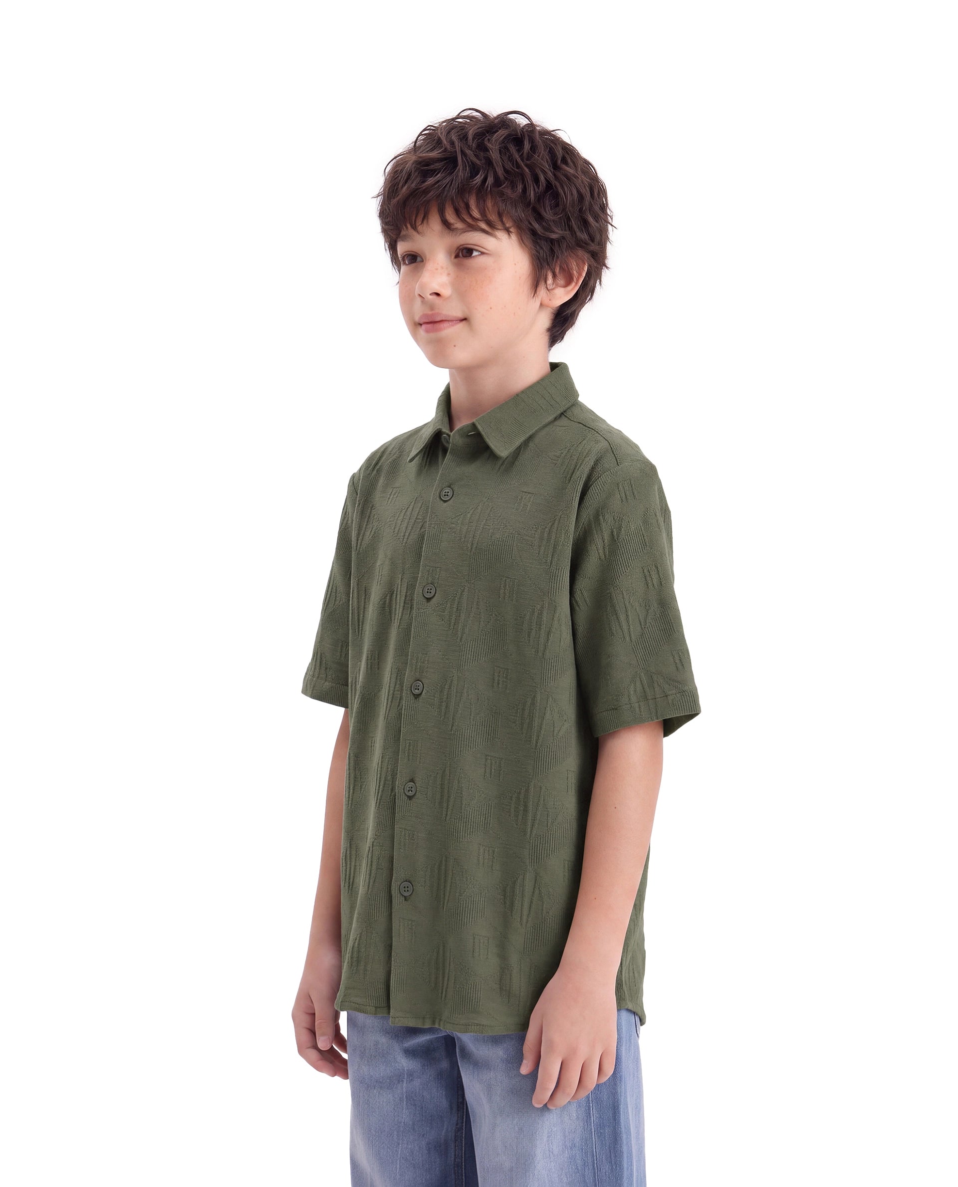Rare Ones Kids Cubs-K Olive Cotton Fabric Button Closure Regular Fit Jacquard Shirt