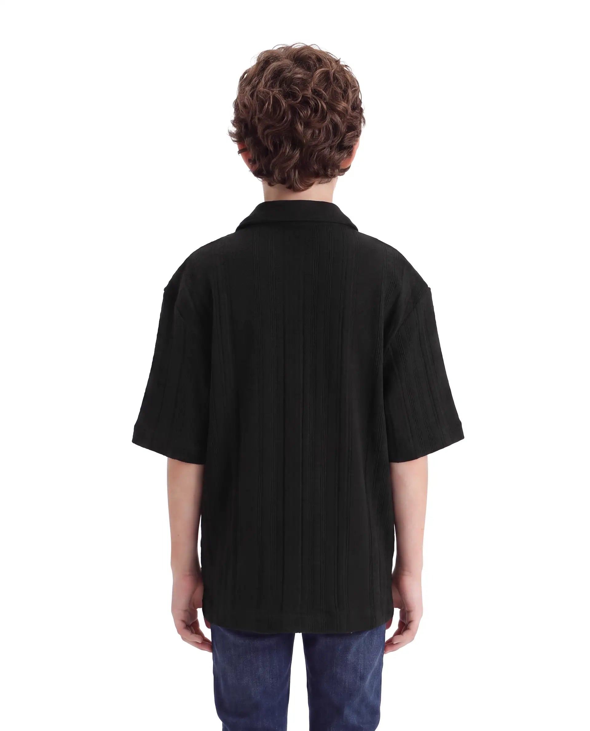 Rare Ones Kids Lyra Black Cotton Fabric Cuban Collar Button Closure Regular Shirt