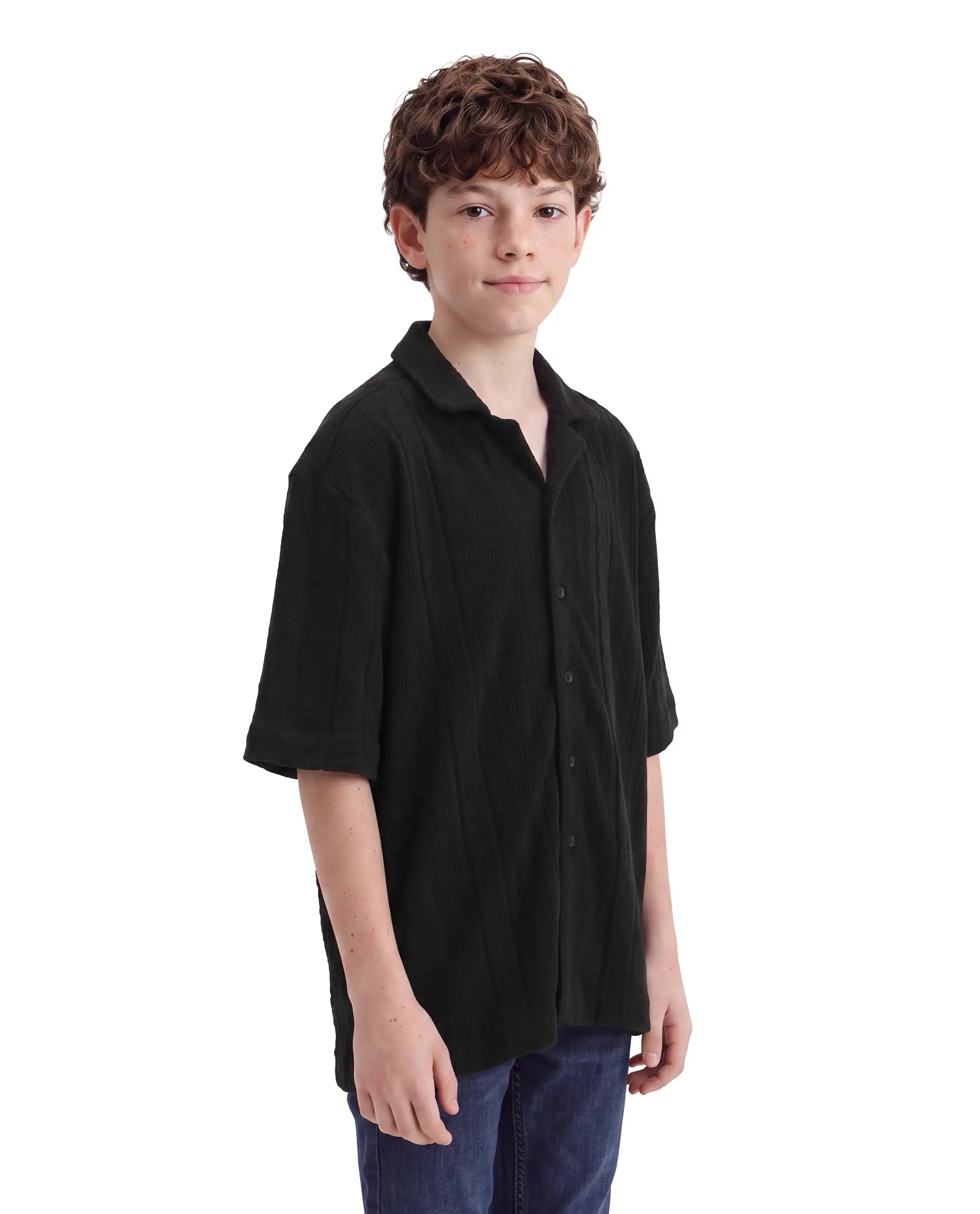 Rare Ones Kids Lyra Black Cotton Fabric Cuban Collar Button Closure Regular Shirt