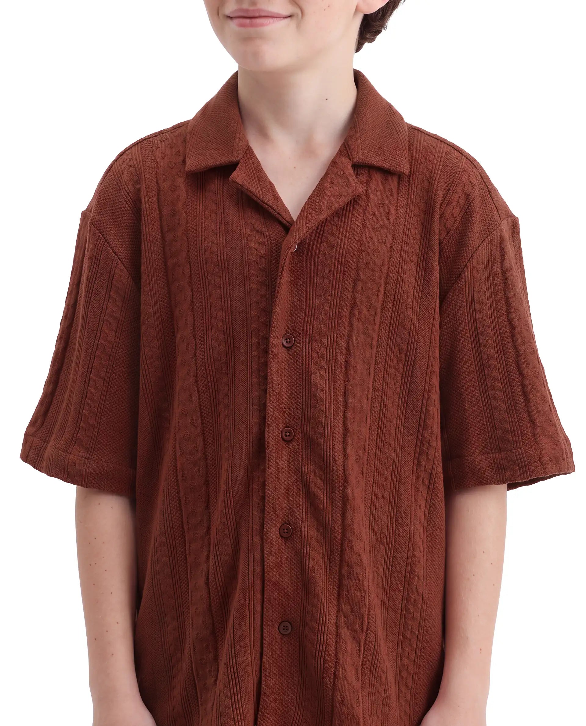 Rare Ones Kids Lyra Rust Cotton Fabric Cuban Collar Button Closure Regular Shirt