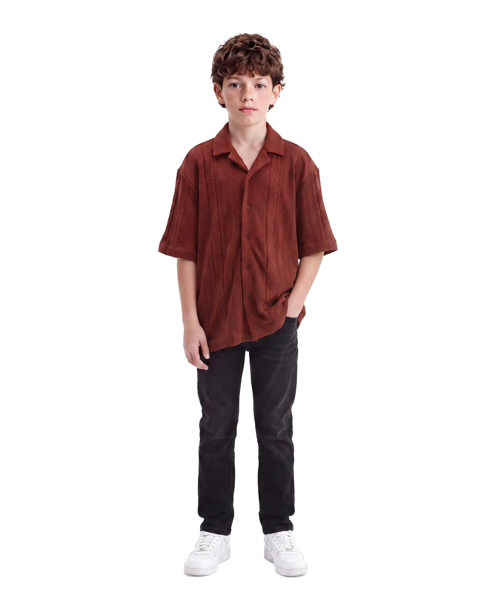 Rare Ones Kids Lyra Rust Cotton Fabric Cuban Collar Button Closure Regular Shirt