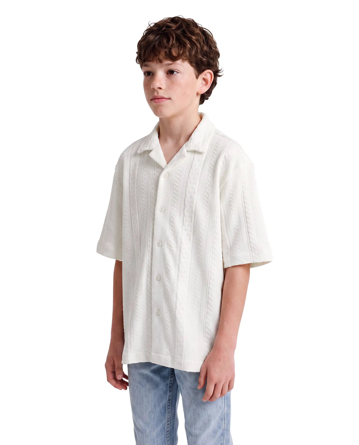 Rare Ones Kids Lyra White Cotton Fabric Cuban Collar Button Closure Regular Shirt