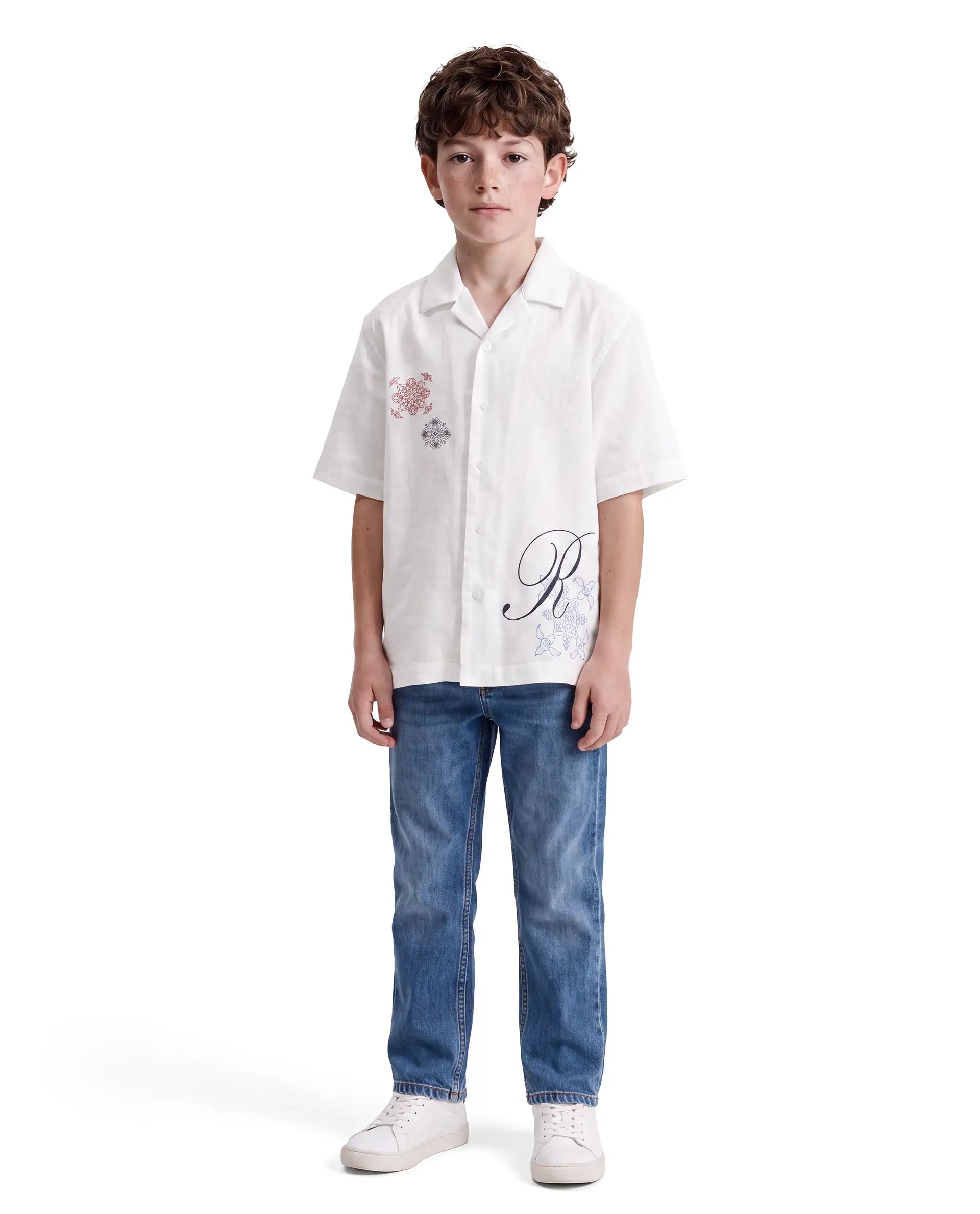 Rare Ones Kids Isla-26 White Cotton Fabric Button Closure Regular Fit Embroidered Shirt