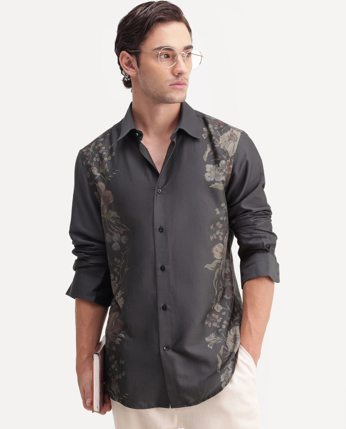 Rare Rabbit Men's Yavi Black Cotton Blend Spread Collar Regular Floral Print Shirt
