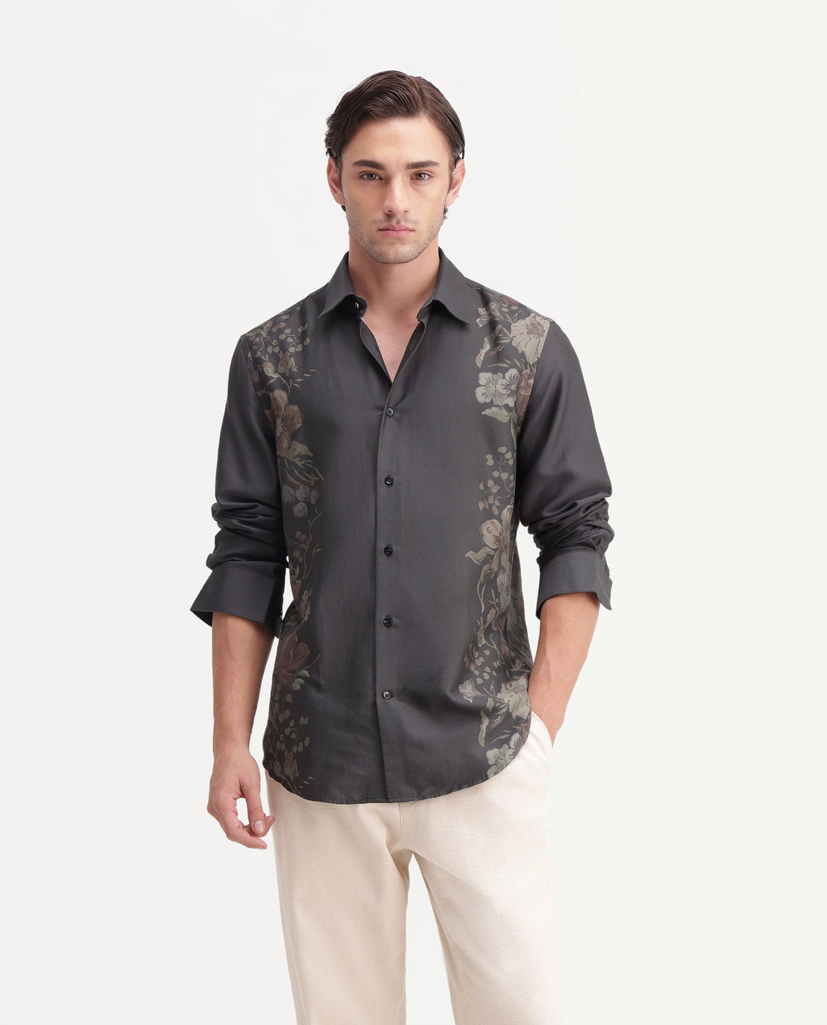 Rare Rabbit Men's Yavi Black Cotton Blend Spread Collar Regular Floral Print Shirt
