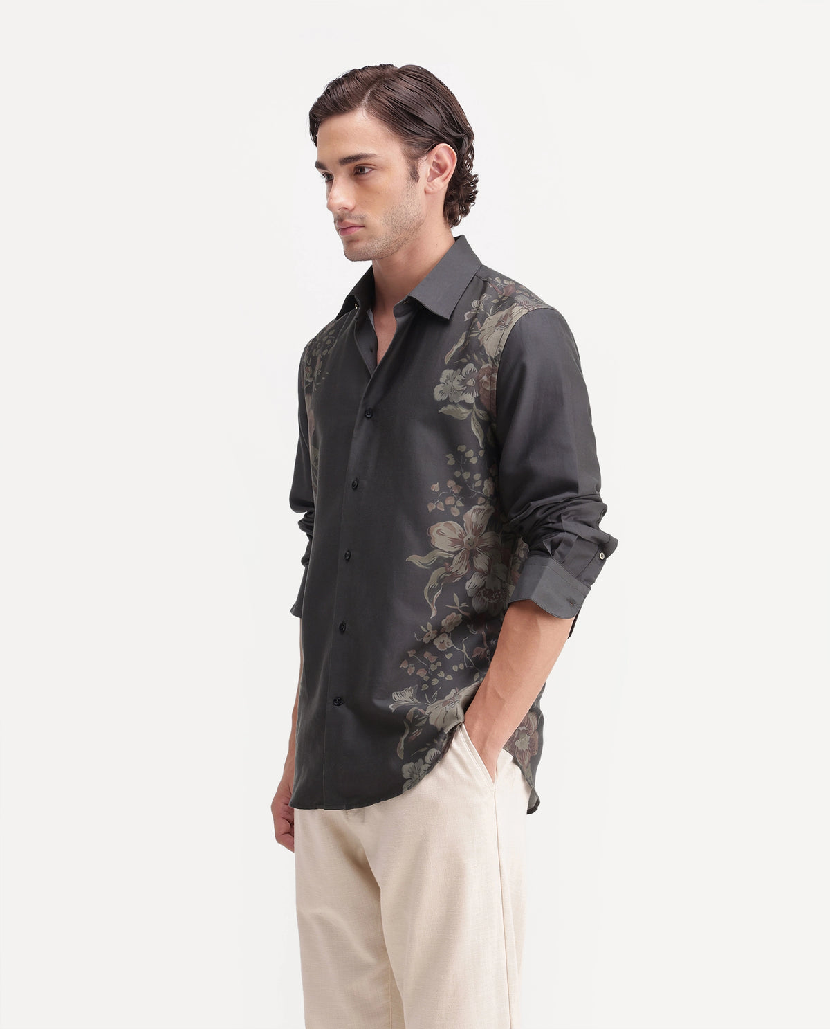 Rare Rabbit Men's Yavi Black Cotton Blend Spread Collar Regular Floral Print Shirt