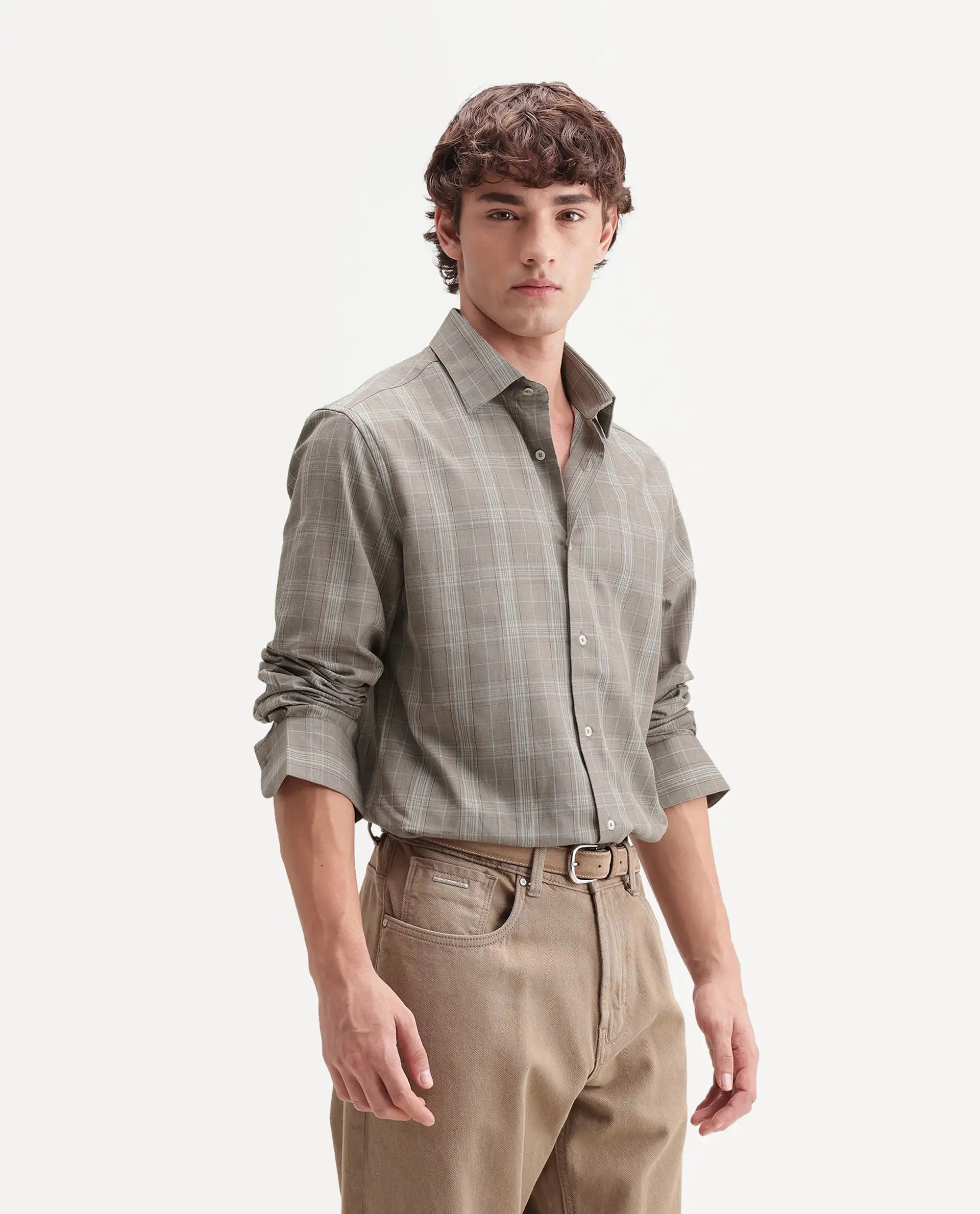 Rare Rabbit Men's Toko Beige Cotton Spread Collar Regular Checked Shirt