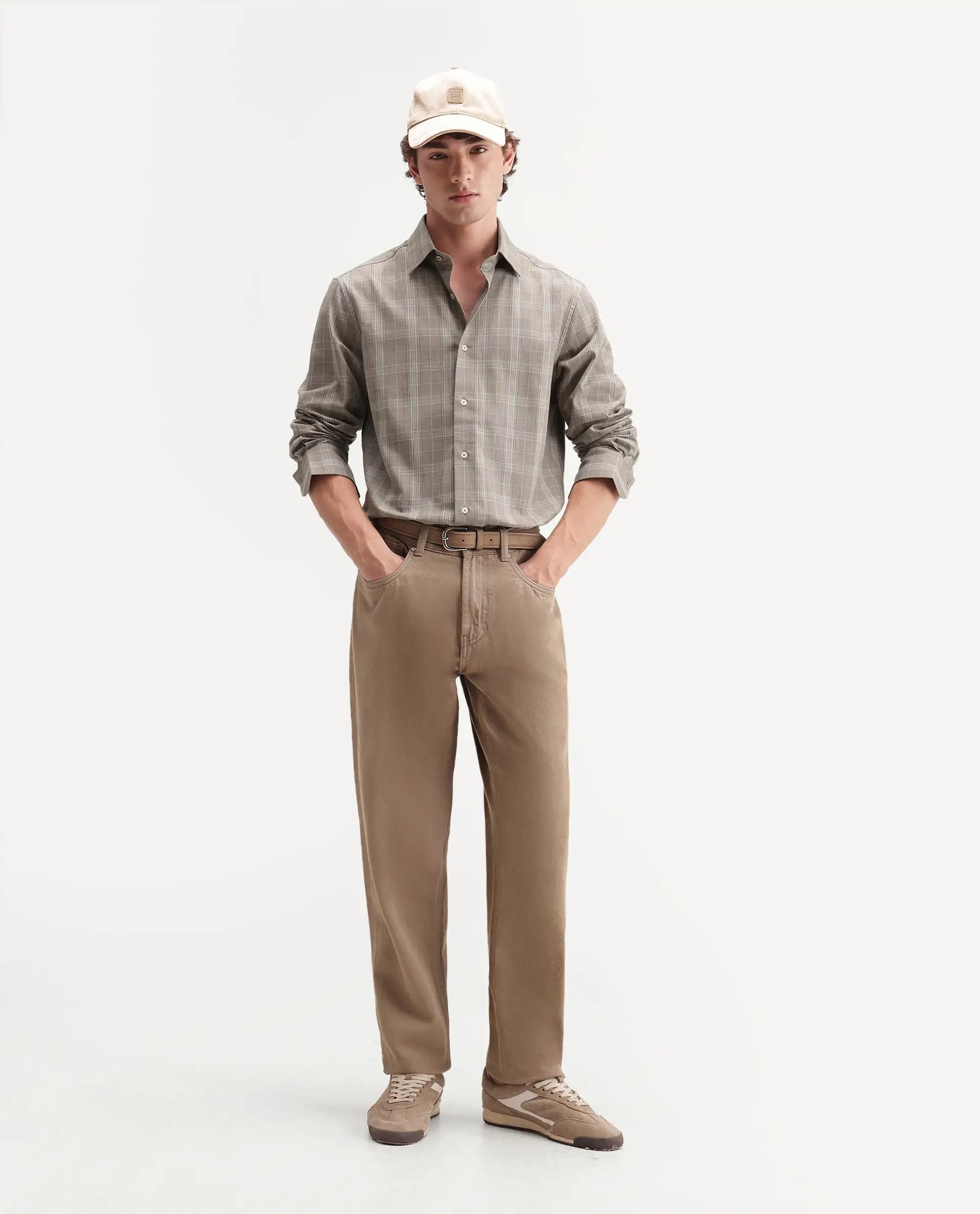 Rare Rabbit Men's Toko Beige Cotton Spread Collar Regular Checked Shirt