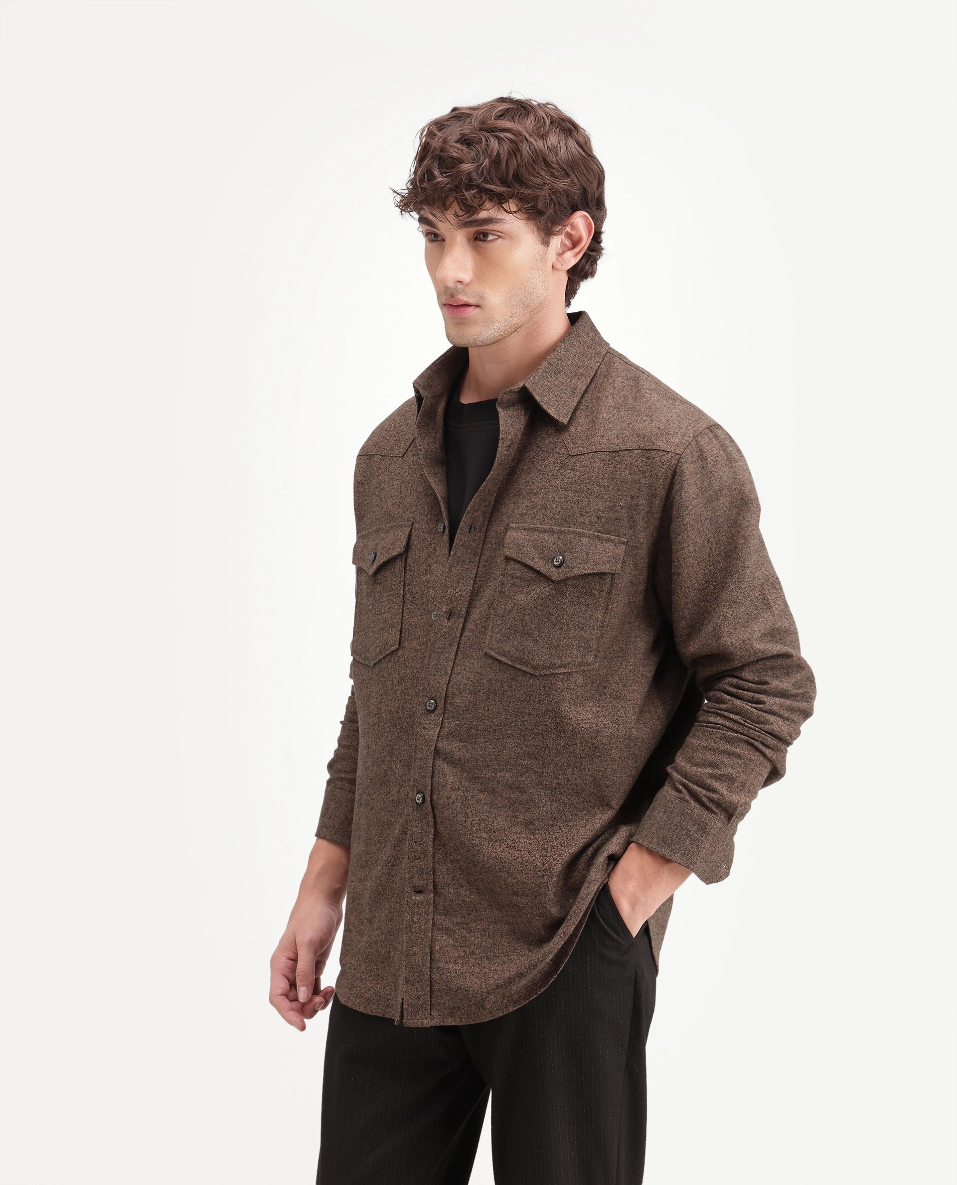 Rare Rabbit Men's Plum Dusky Orange Cotton Spread Collar Regular Plain Shirt