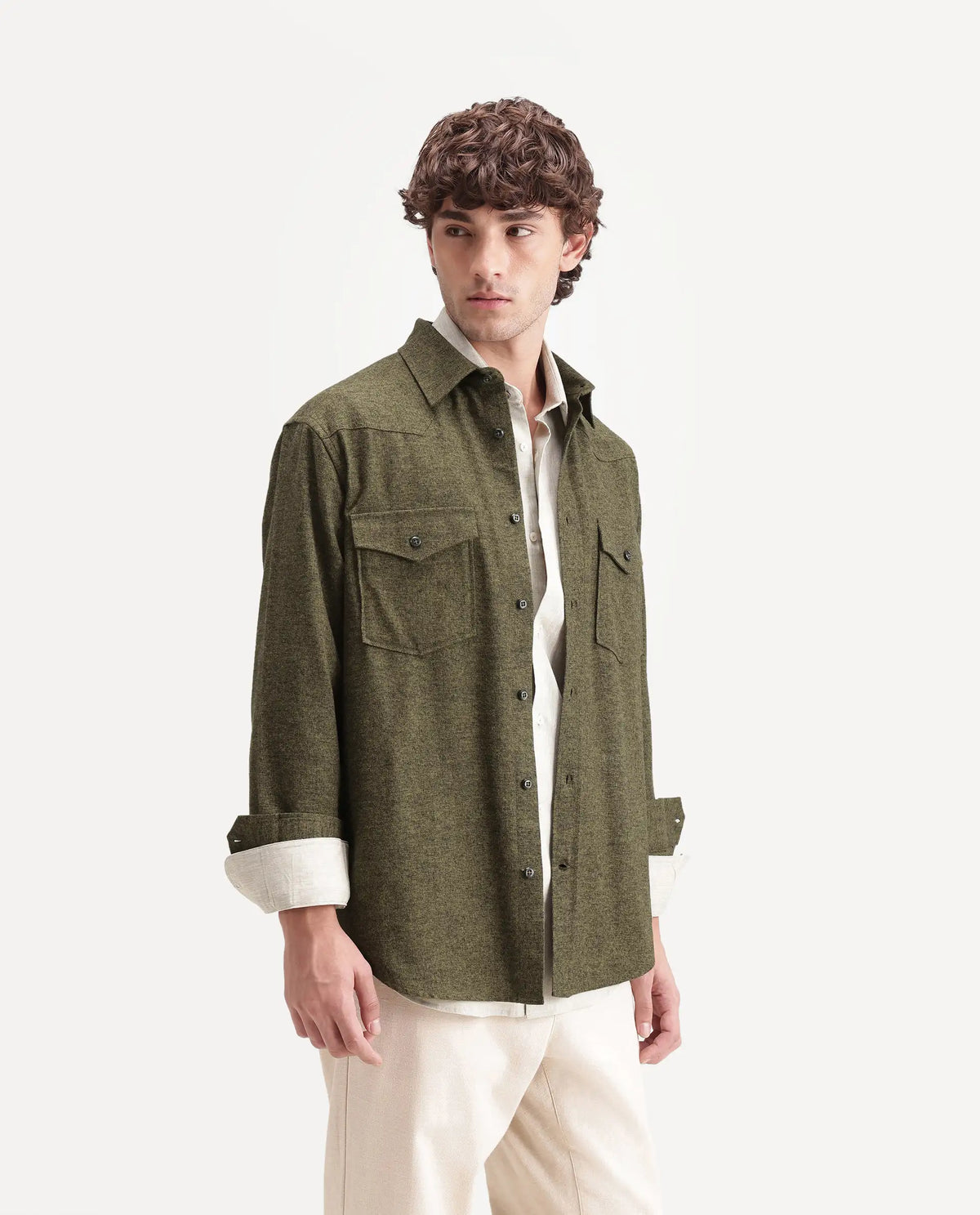 Rare Rabbit Men's Plum Dusky Green Cotton Spread Collar Regular Plain Shirt