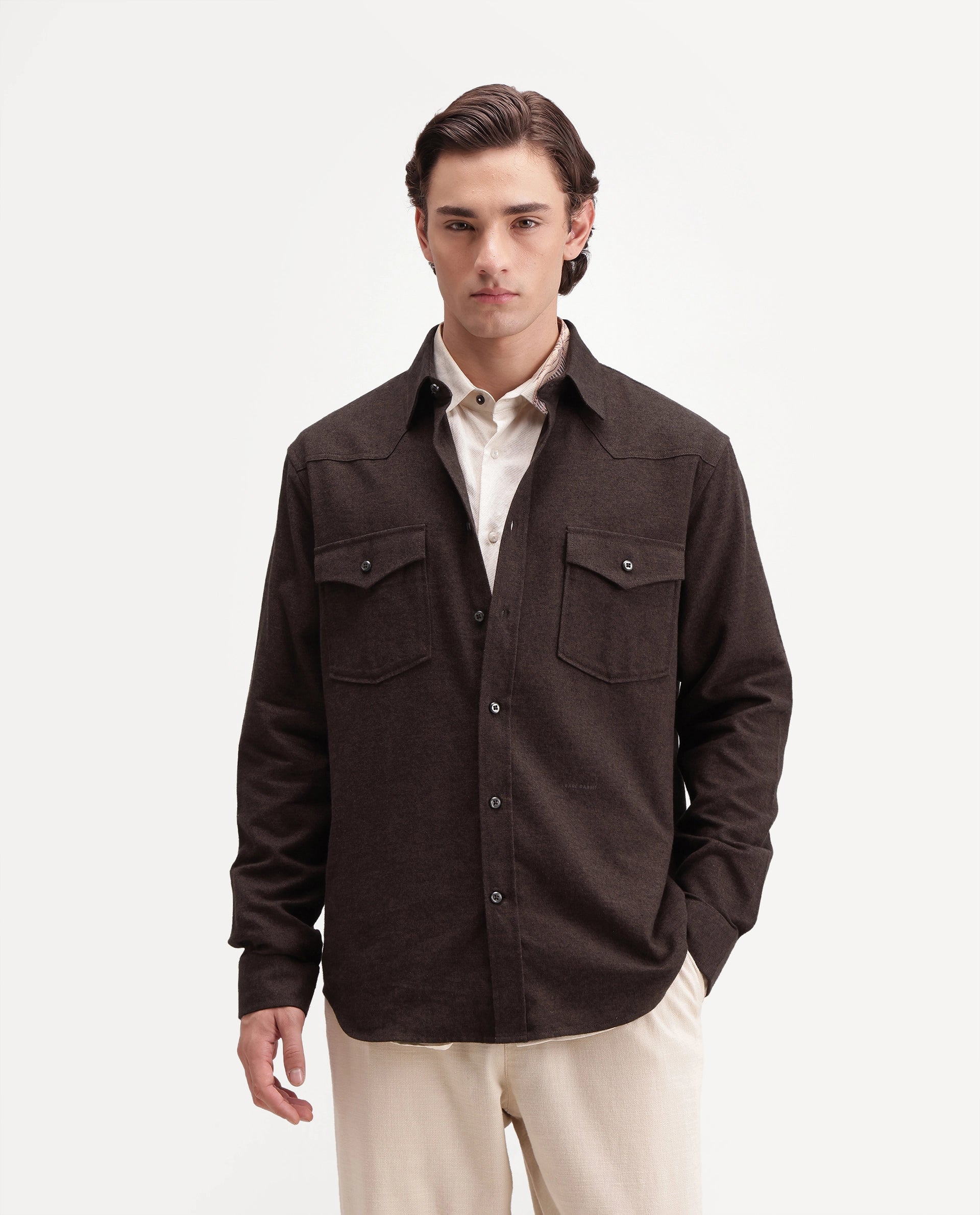 Rare Rabbit Men's Plum Dusky Brown Cotton Spread Collar Regular Plain Shirt