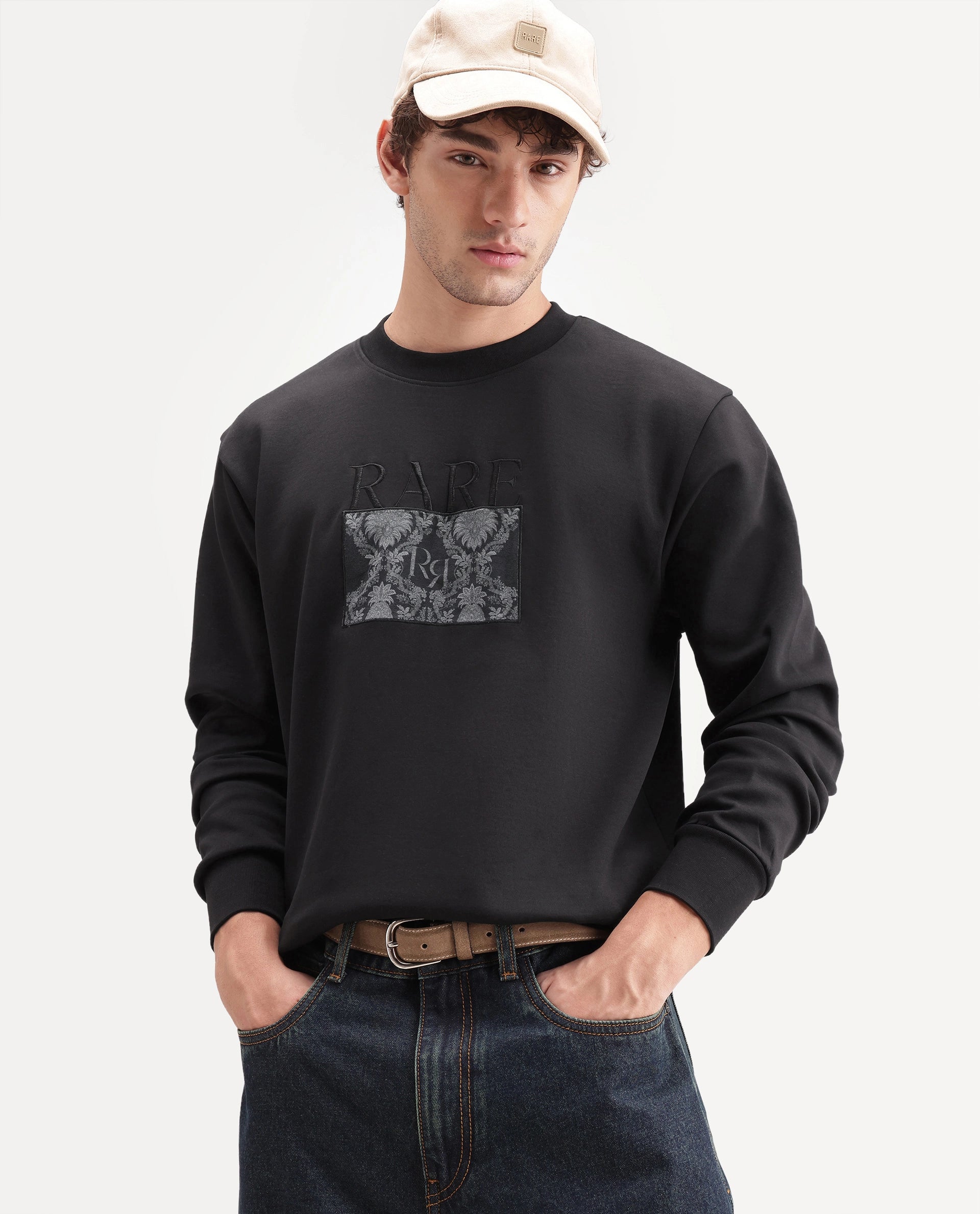 Rare Rabbit Men's Deber Black Cotton Blend Crew Neck Regular Graphic Print Sweatshirt