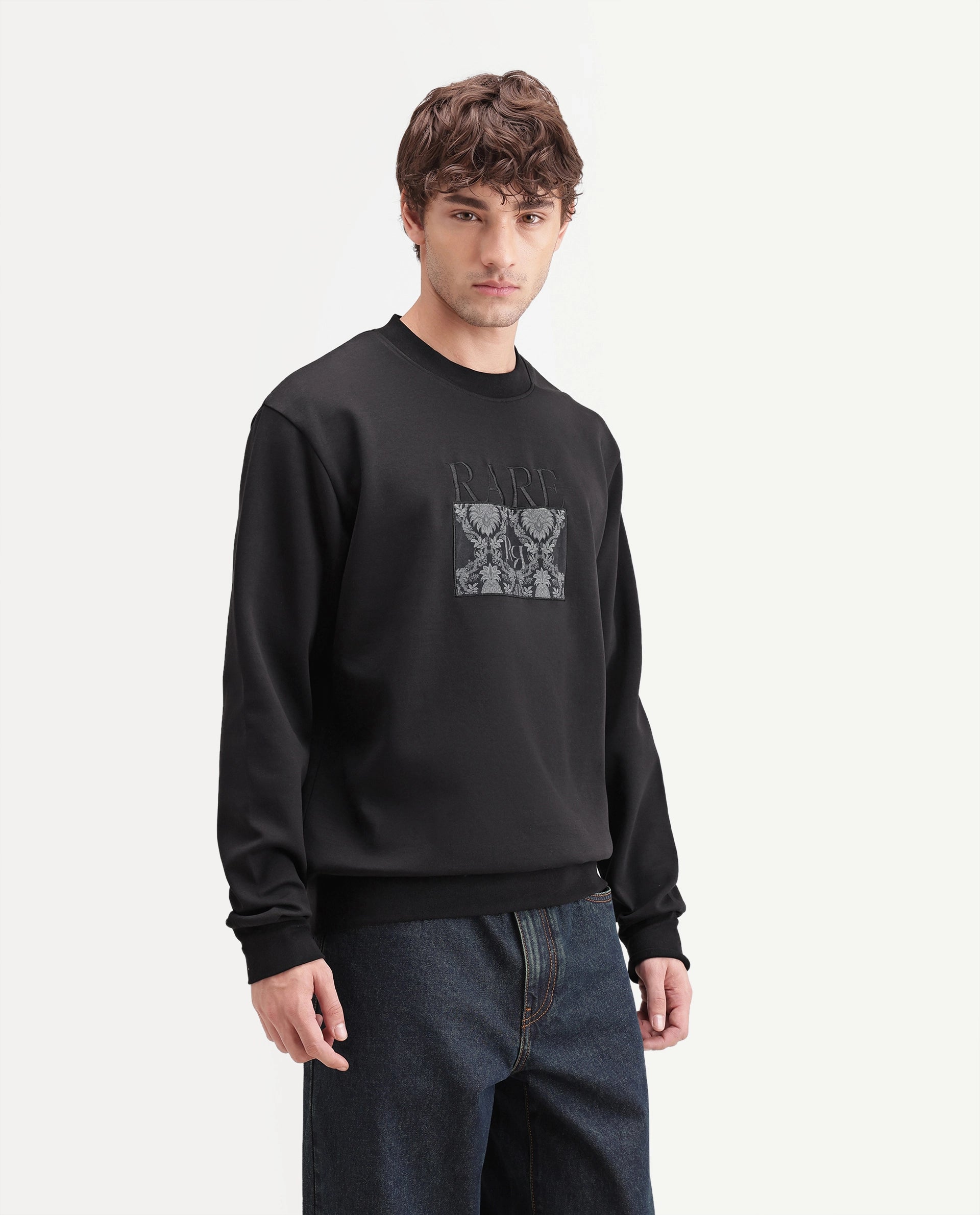 Rare Rabbit Men's Deber Black Cotton Blend Crew Neck Regular Graphic Print Sweatshirt