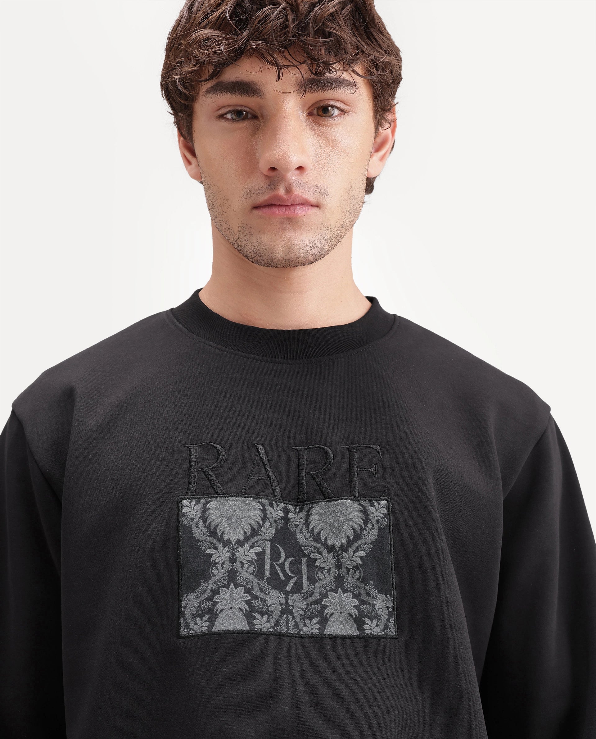 Rare Rabbit Men's Deber Black Cotton Blend Crew Neck Regular Graphic Print Sweatshirt