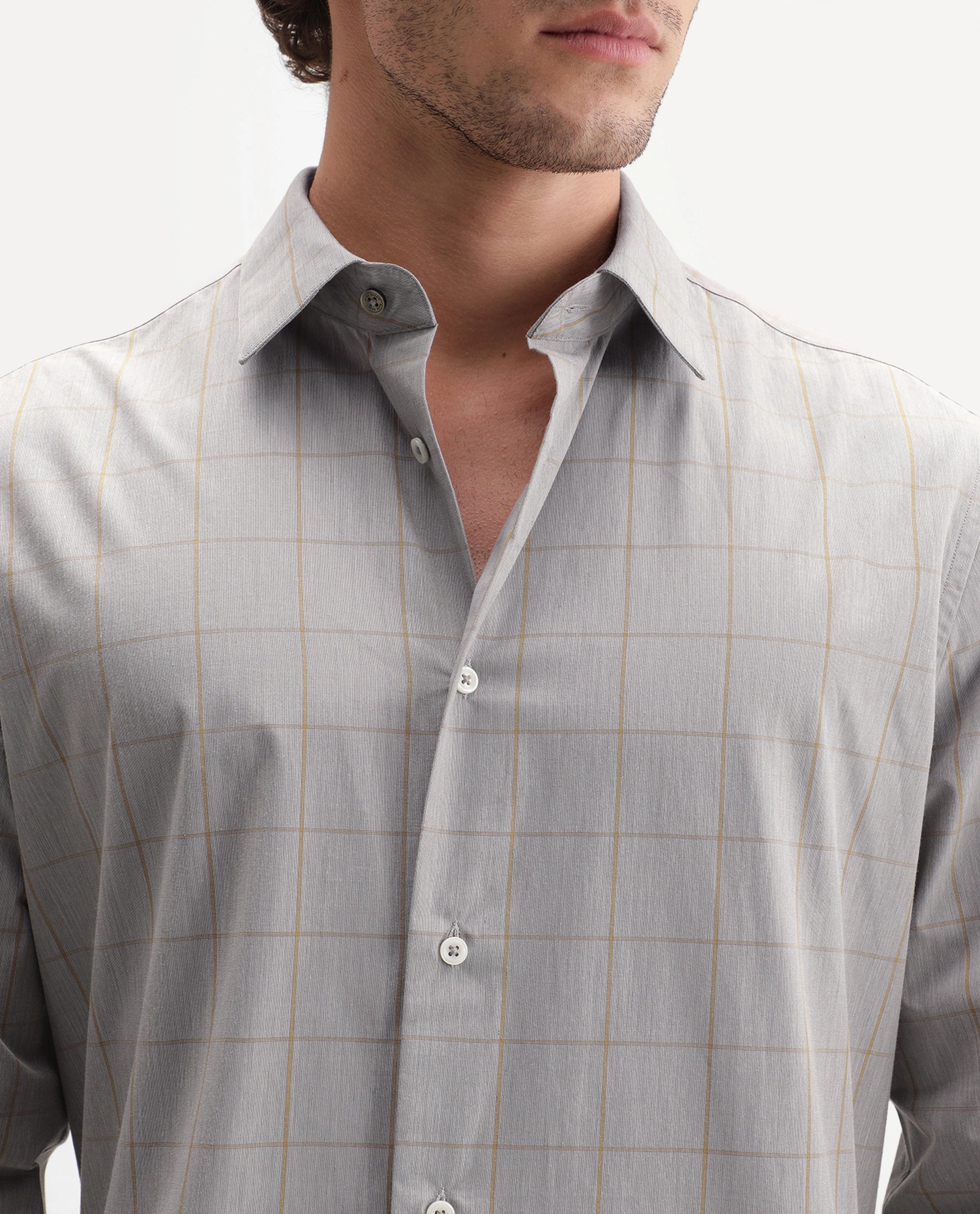 Rare Rabbit Men's Fate Grey Cotton Spread Collar Regular Checked Shirt