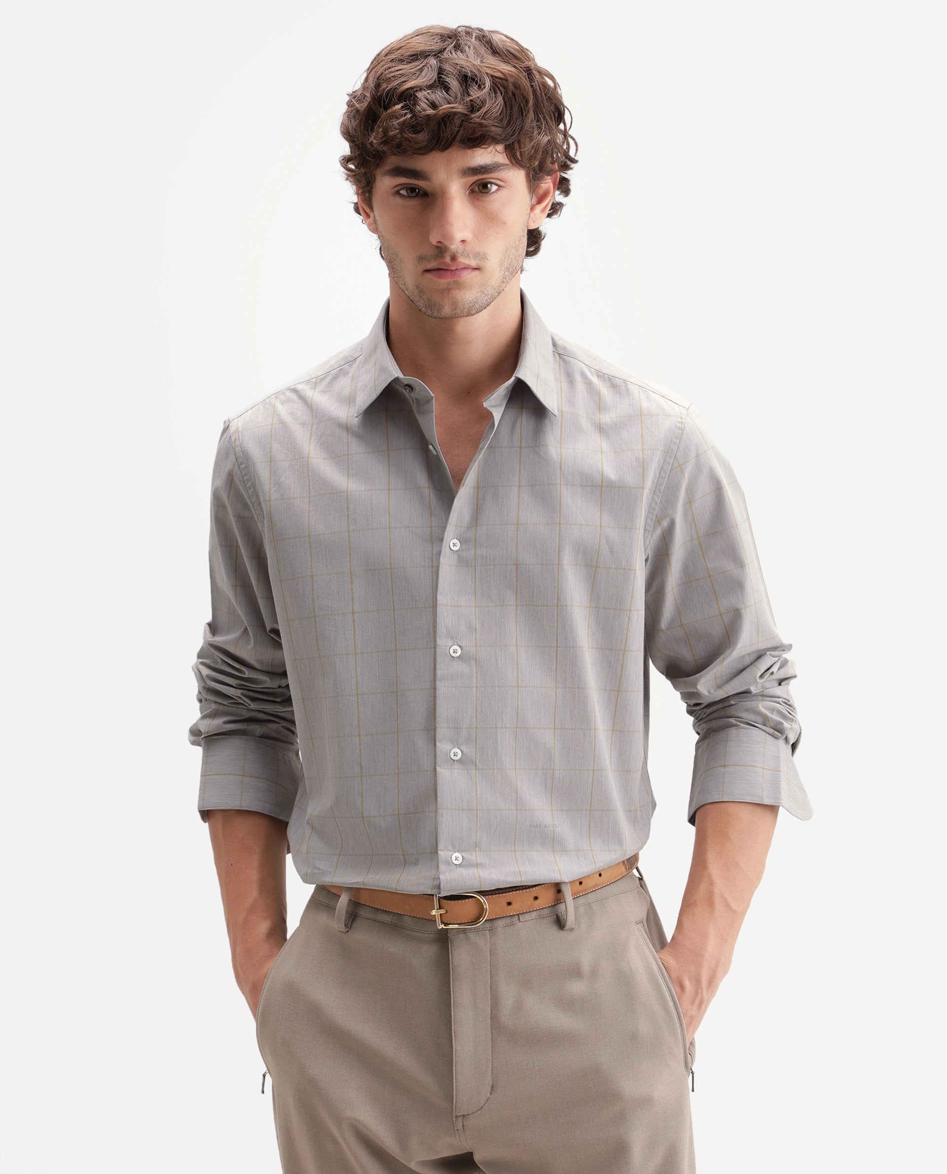 Rare Rabbit Men's Fate Grey Cotton Spread Collar Regular Checked Shirt