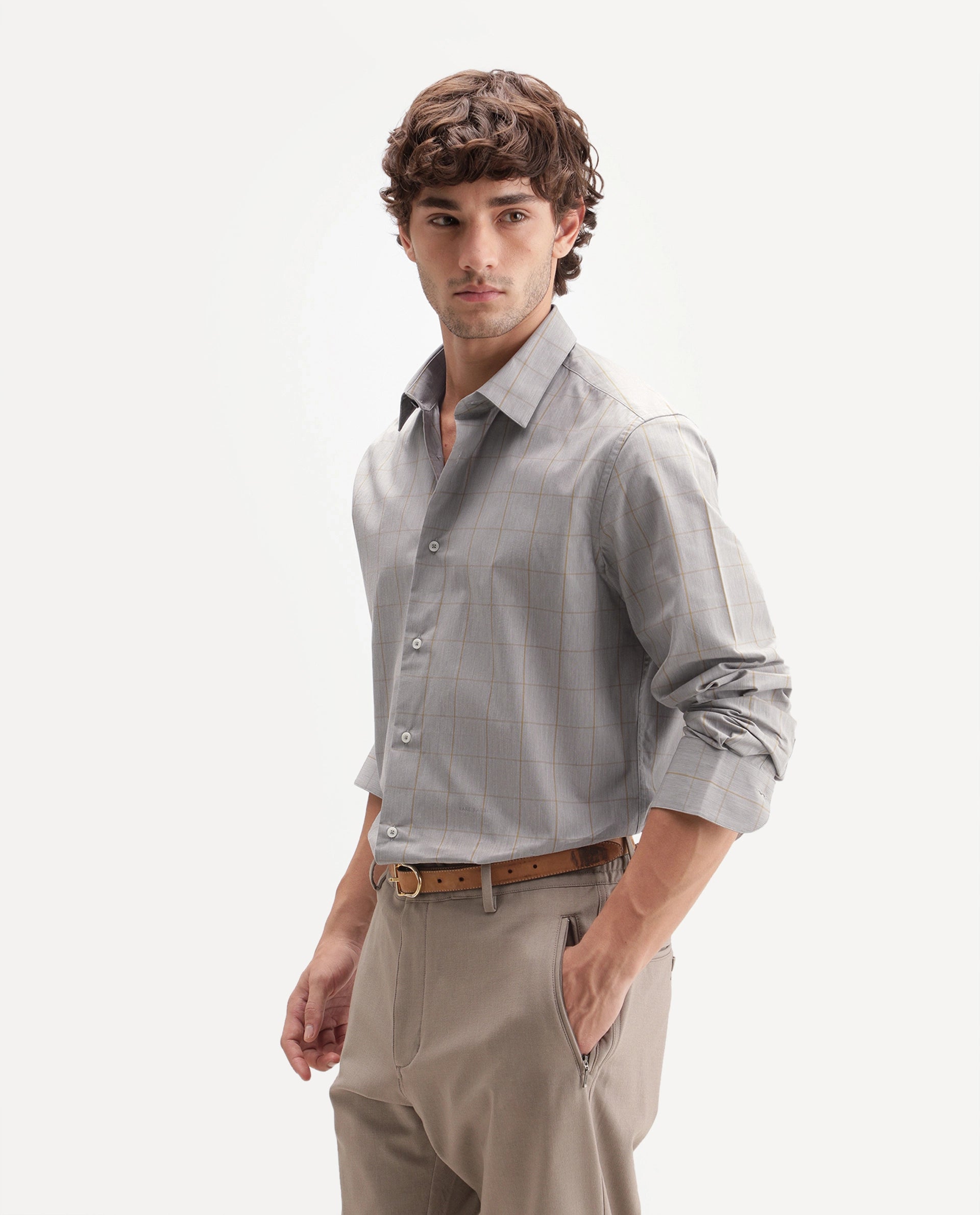 Rare Rabbit Men's Fate Grey Cotton Spread Collar Regular Checked Shirt