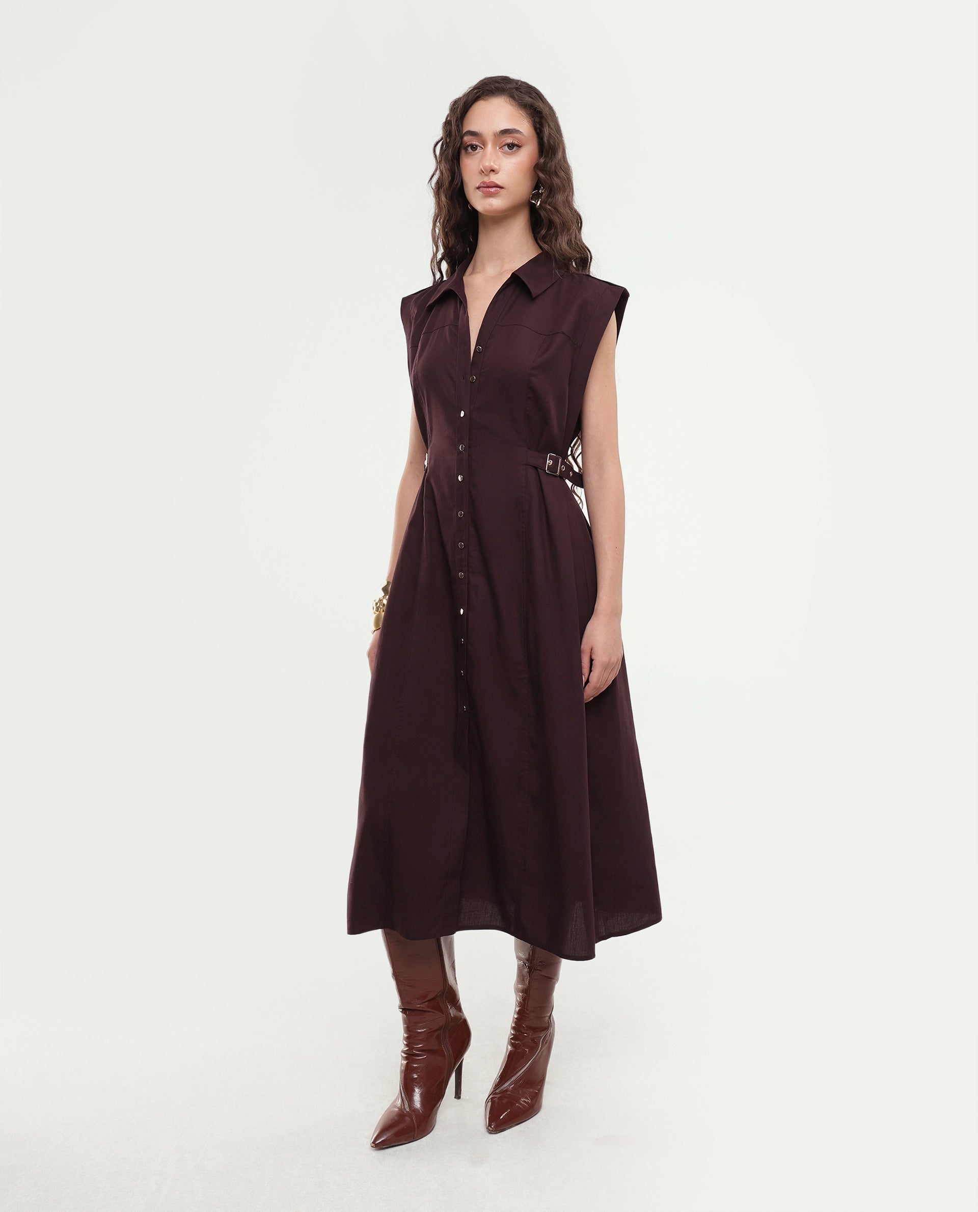 Rareism Women's Yorgo Brown Cotton Button Fit And Flare Plain Dress