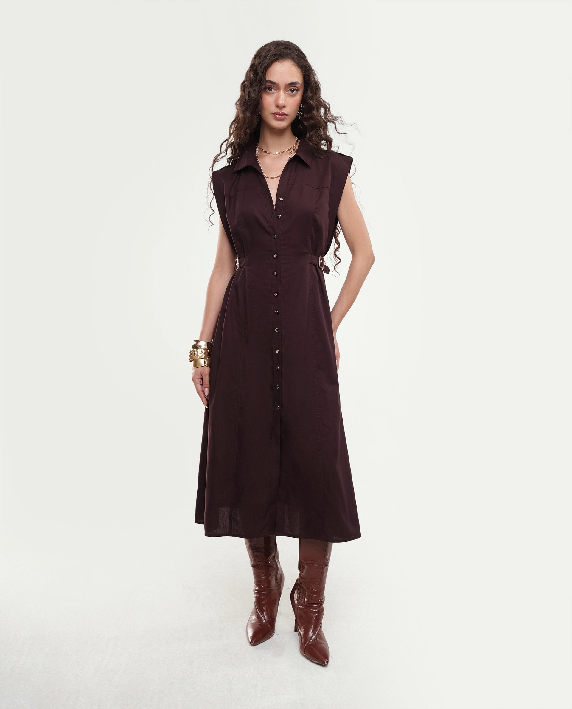 Rareism Women's Yorgo Brown Cotton Button Fit And Flare Plain Dress