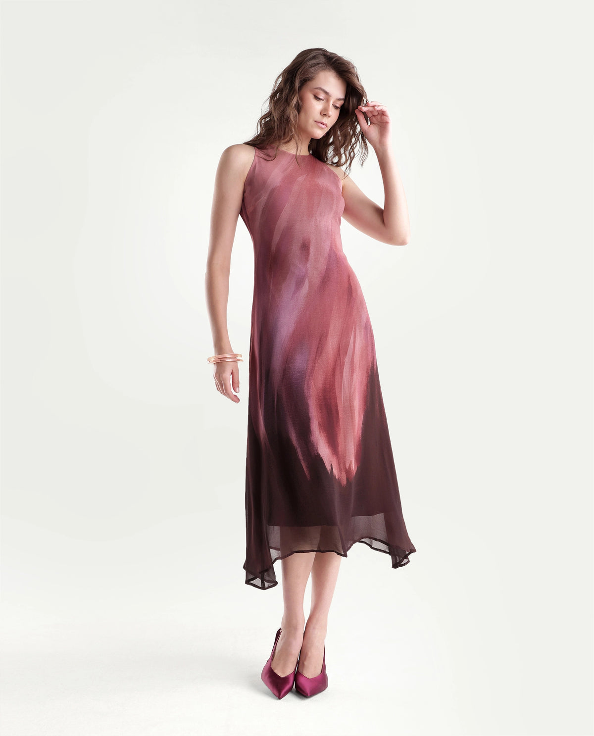 Rareism Women's Yupin Pink Viscose Button And Zip A-Line Abstract Print Dress