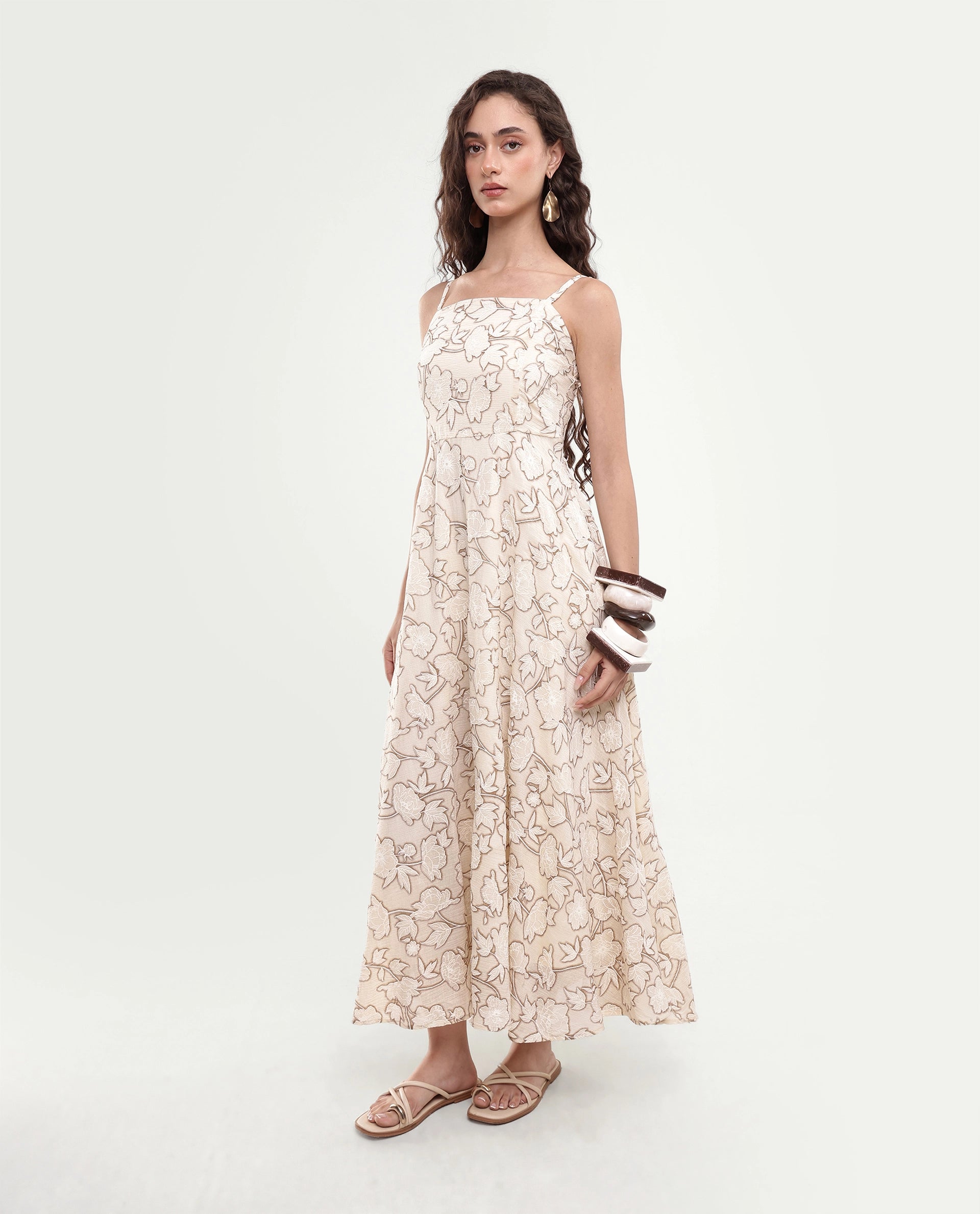 Rareism Women's Yadi Off White Floral Viscose Blend Fit And Flare Sleeveless Maxi Dress