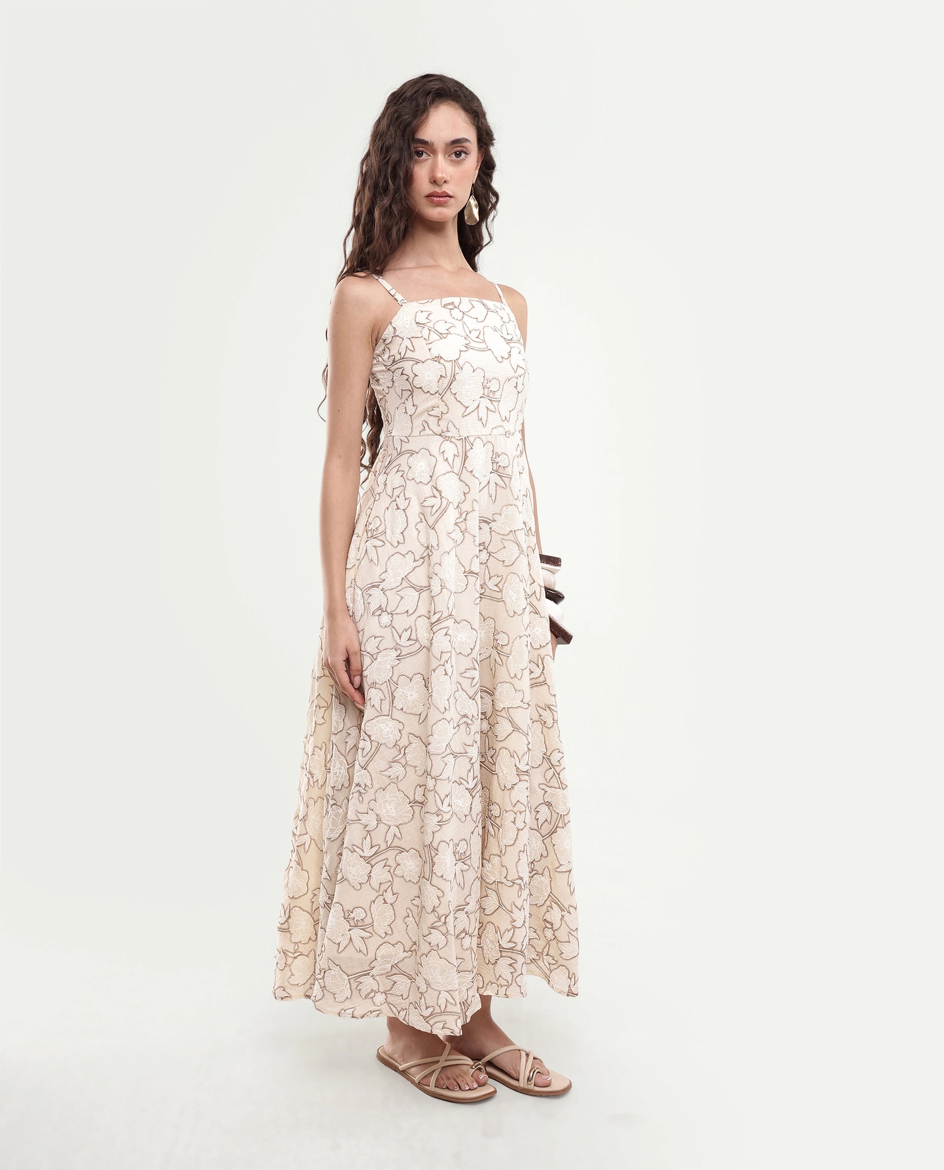 Rareism Women's Yadi Off White Floral Viscose Blend Fit And Flare Sleeveless Maxi Dress
