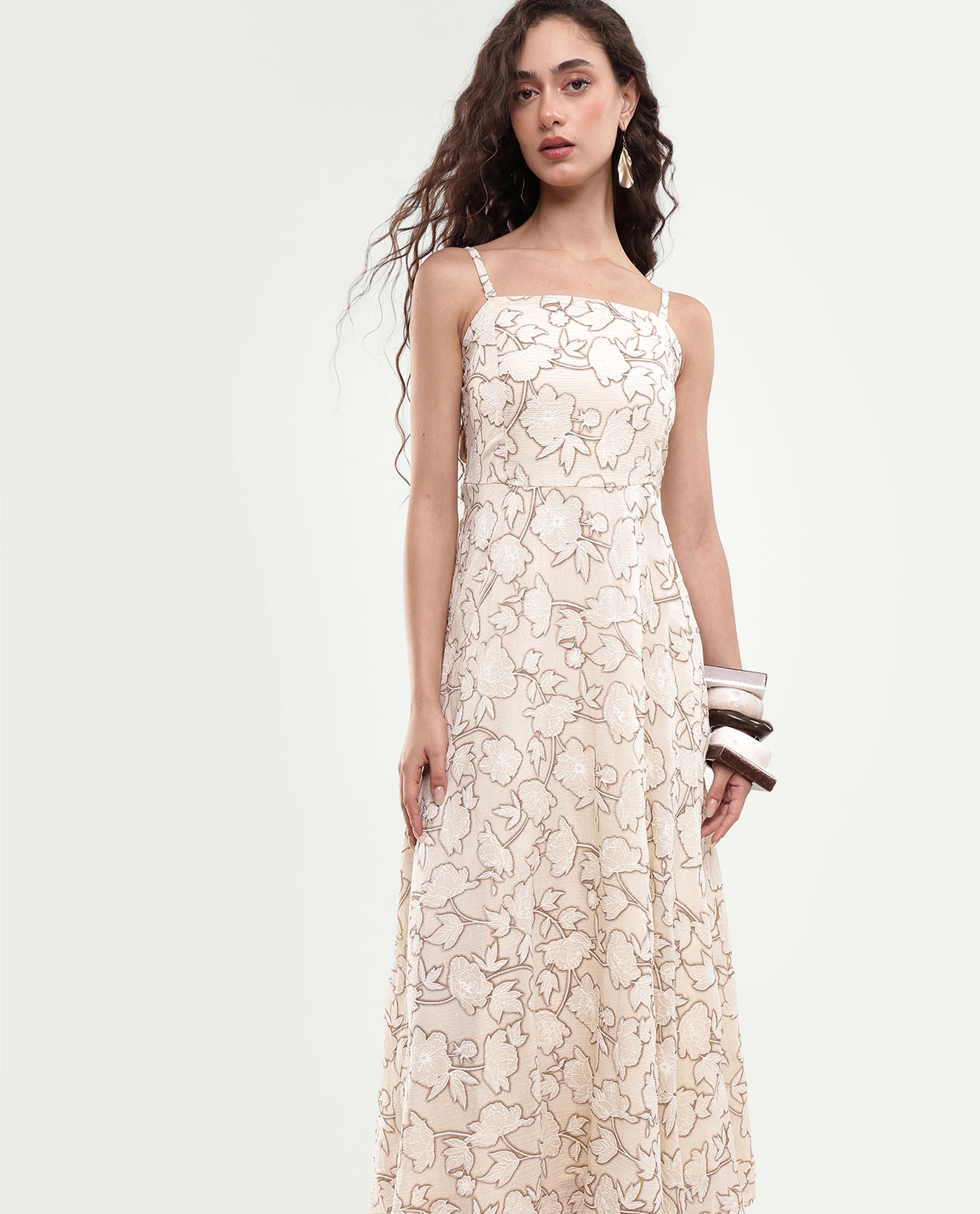 Rareism Women's Yadi Off White Floral Viscose Blend Fit And Flare Sleeveless Maxi Dress