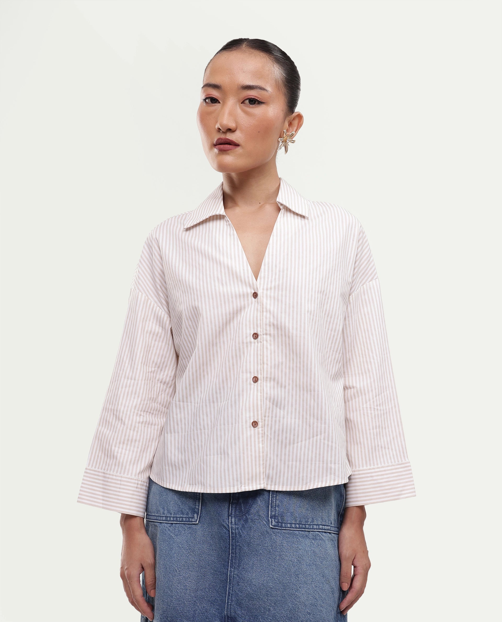 Rareism Women's Yusi Beige Cotton Button Relaxed Fit Striped Shirt