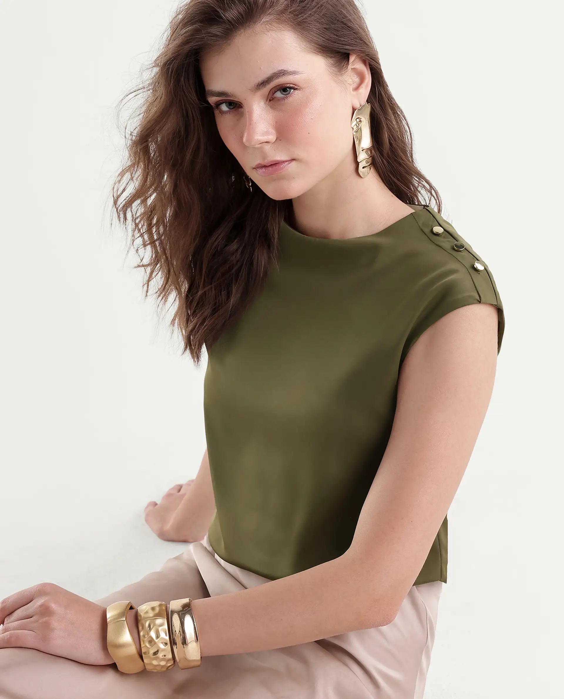Rareism Women's Odil Olive Polyester Button Regular Fit Plain Top
