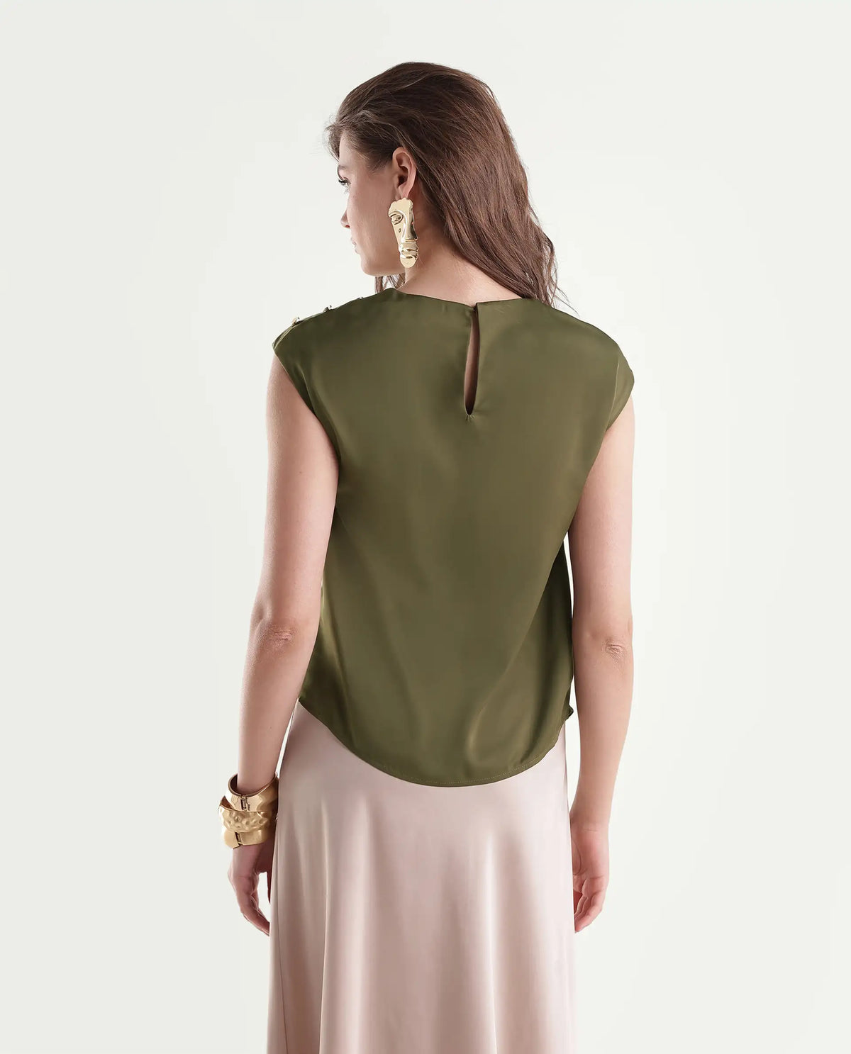 Rareism Women's Odil Olive Polyester Button Regular Fit Plain Top