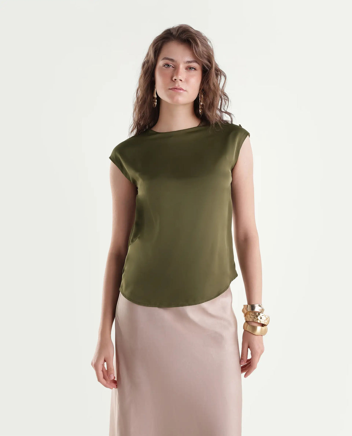 Rareism Women's Odil Olive Polyester Button Regular Fit Plain Top