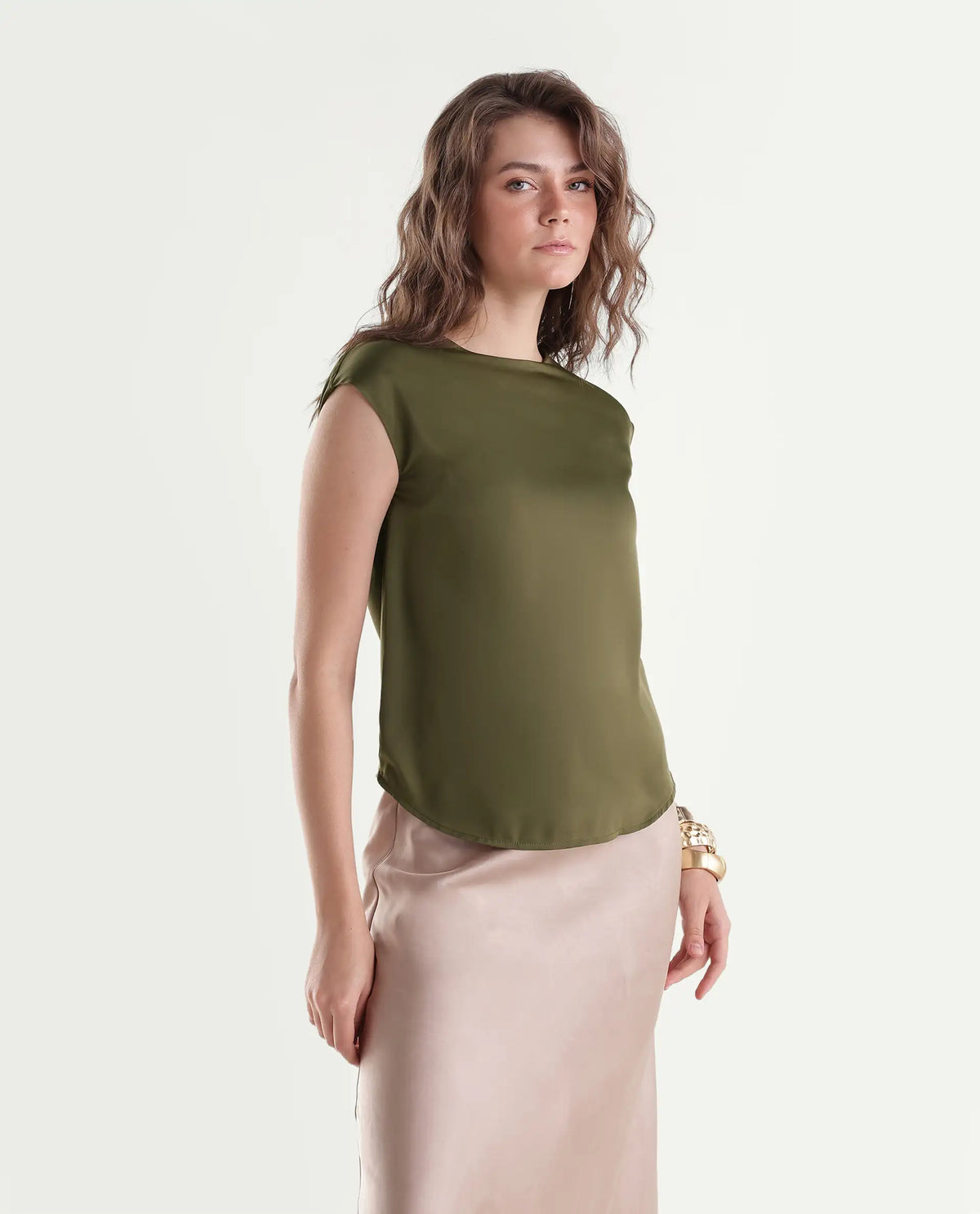 Rareism Women's Odil Olive Polyester Button Regular Fit Plain Top