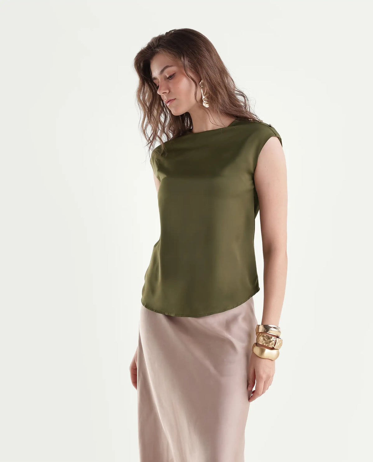 Rareism Women's Odil Olive Polyester Button Regular Fit Plain Top
