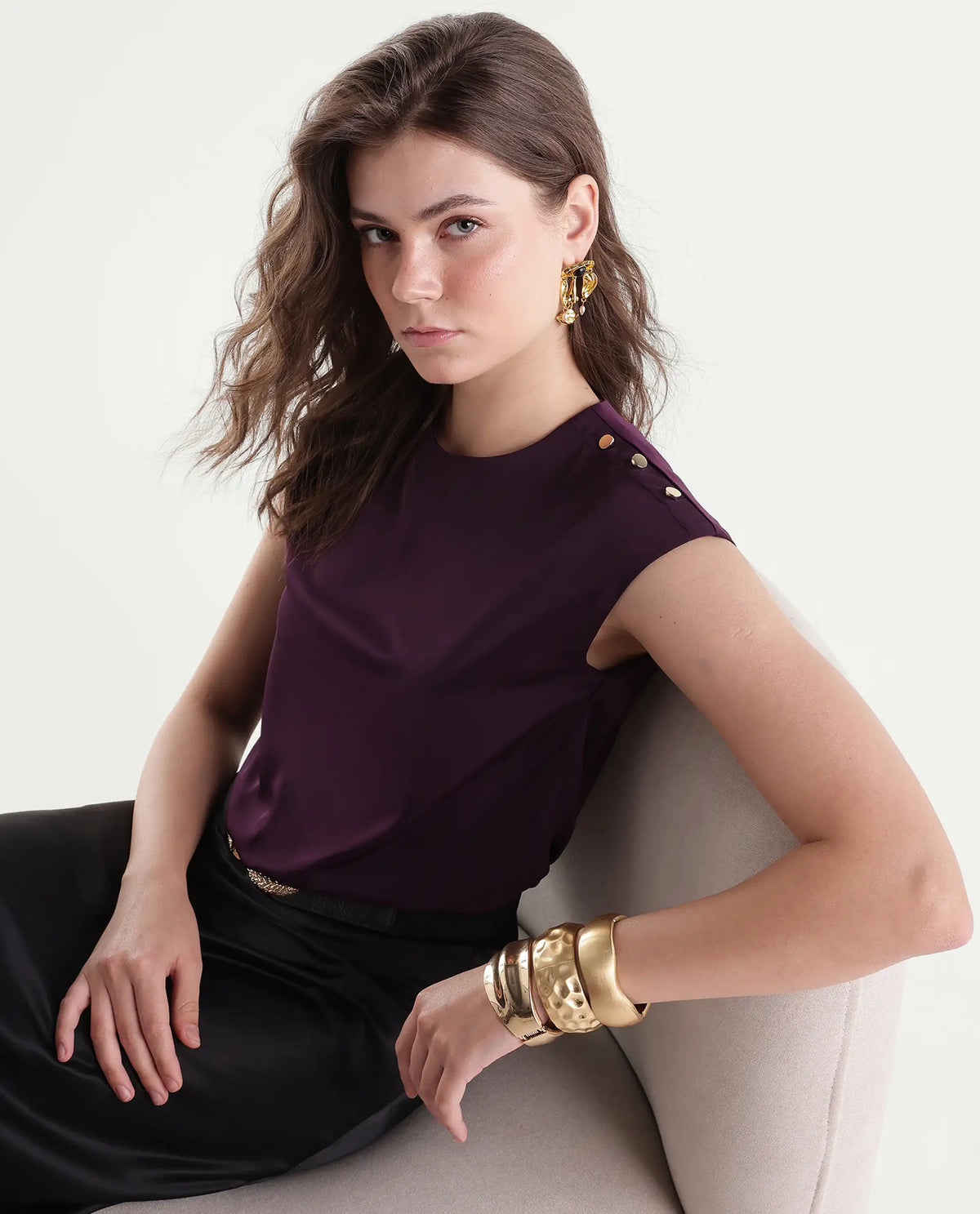 Rareism Women's Odil Dark Purple Polyester Button Regular Fit Plain Top