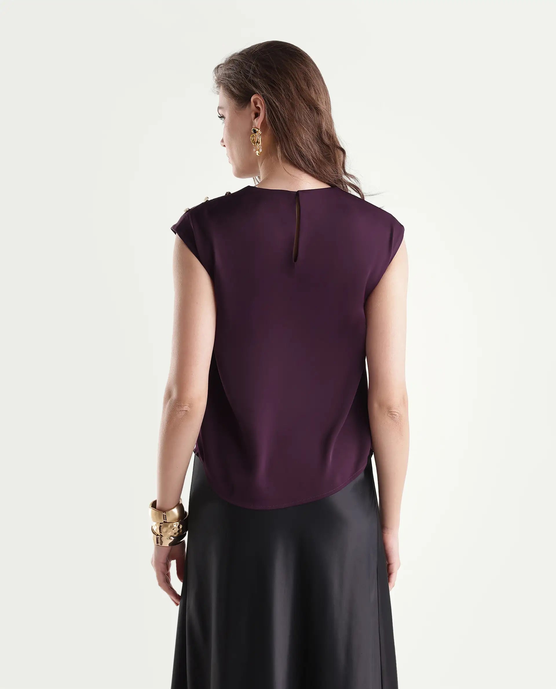Rareism Women's Odil Dark Purple Polyester Button Regular Fit Plain Top