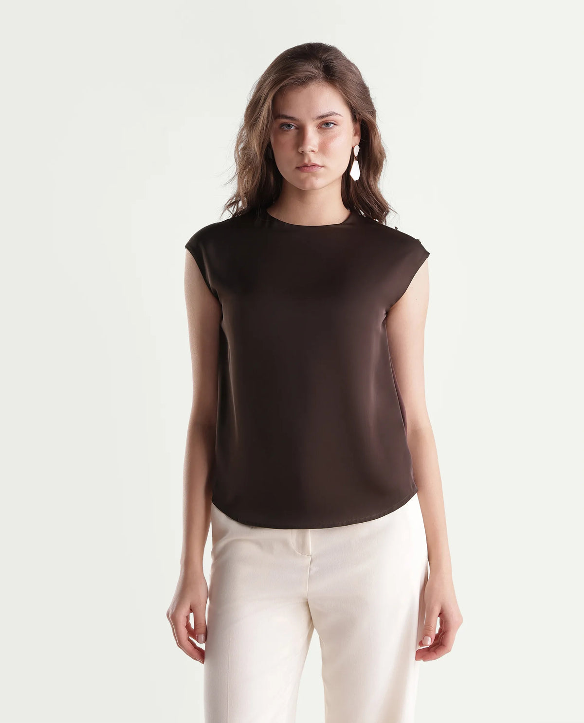 Rareism Women's Odil Brown Polyester Button Regular Fit Plain Top