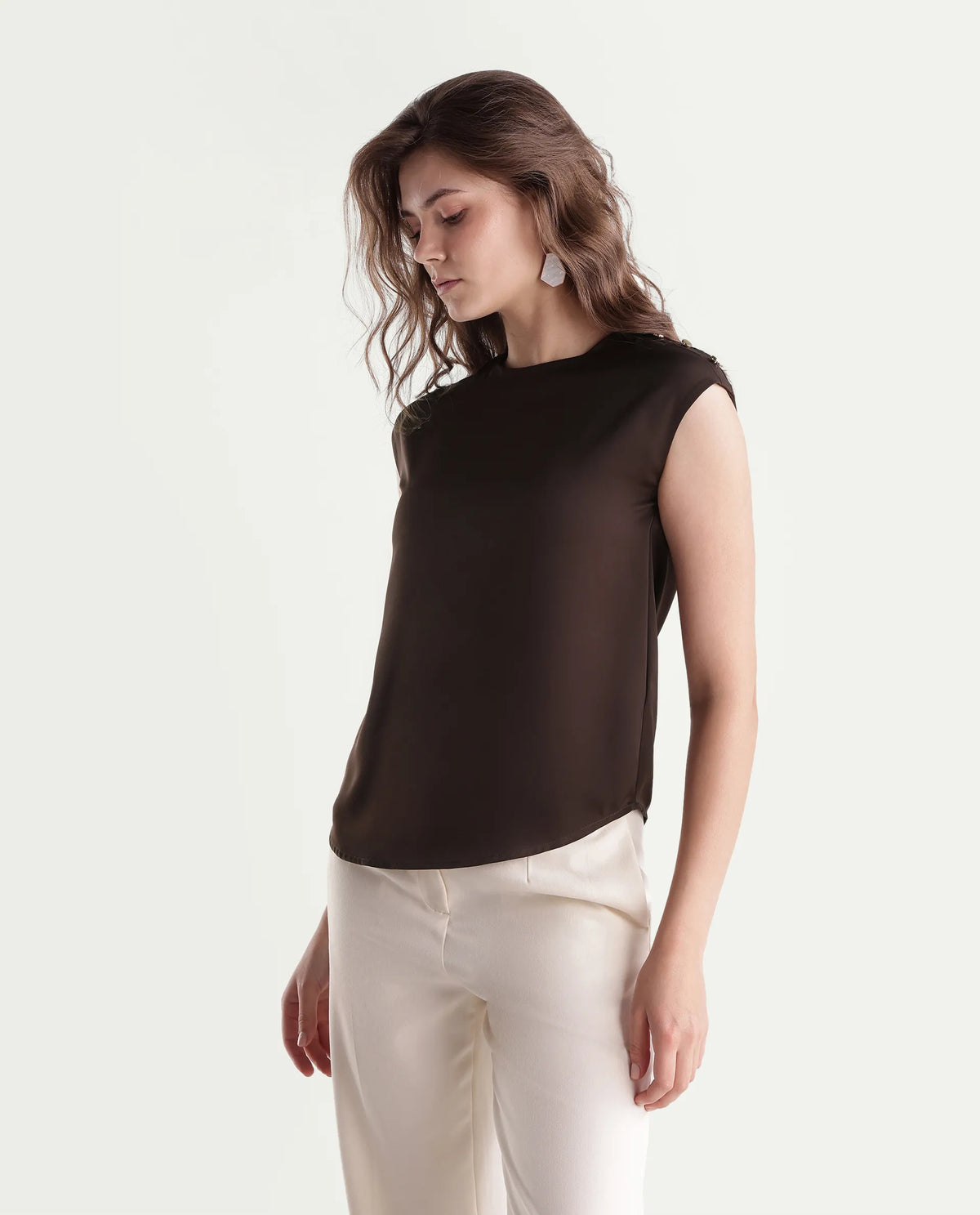 Rareism Women's Odil Brown Polyester Button Regular Fit Plain Top
