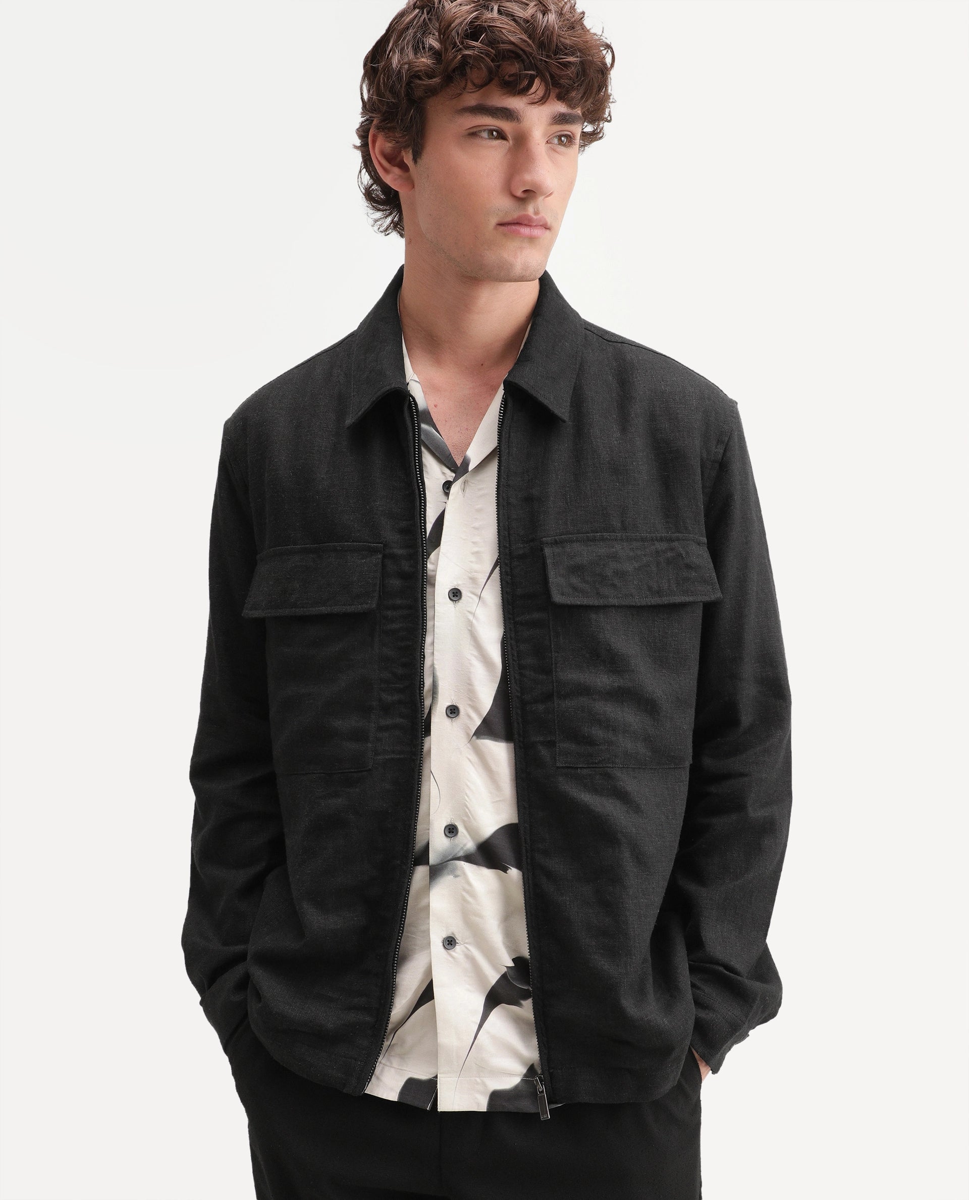 Rare Rabbit Men's Jomo-T-Aw26 Black Linen Blend Spread Collar Zipper Regular Plain Shacket